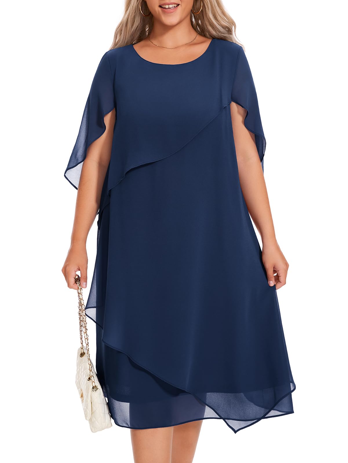 Elegant Plus Size Cape Dress with Chiffon Overlay for Women - Wedding Guest, Cocktail Party & Special Occasion Formal Wear