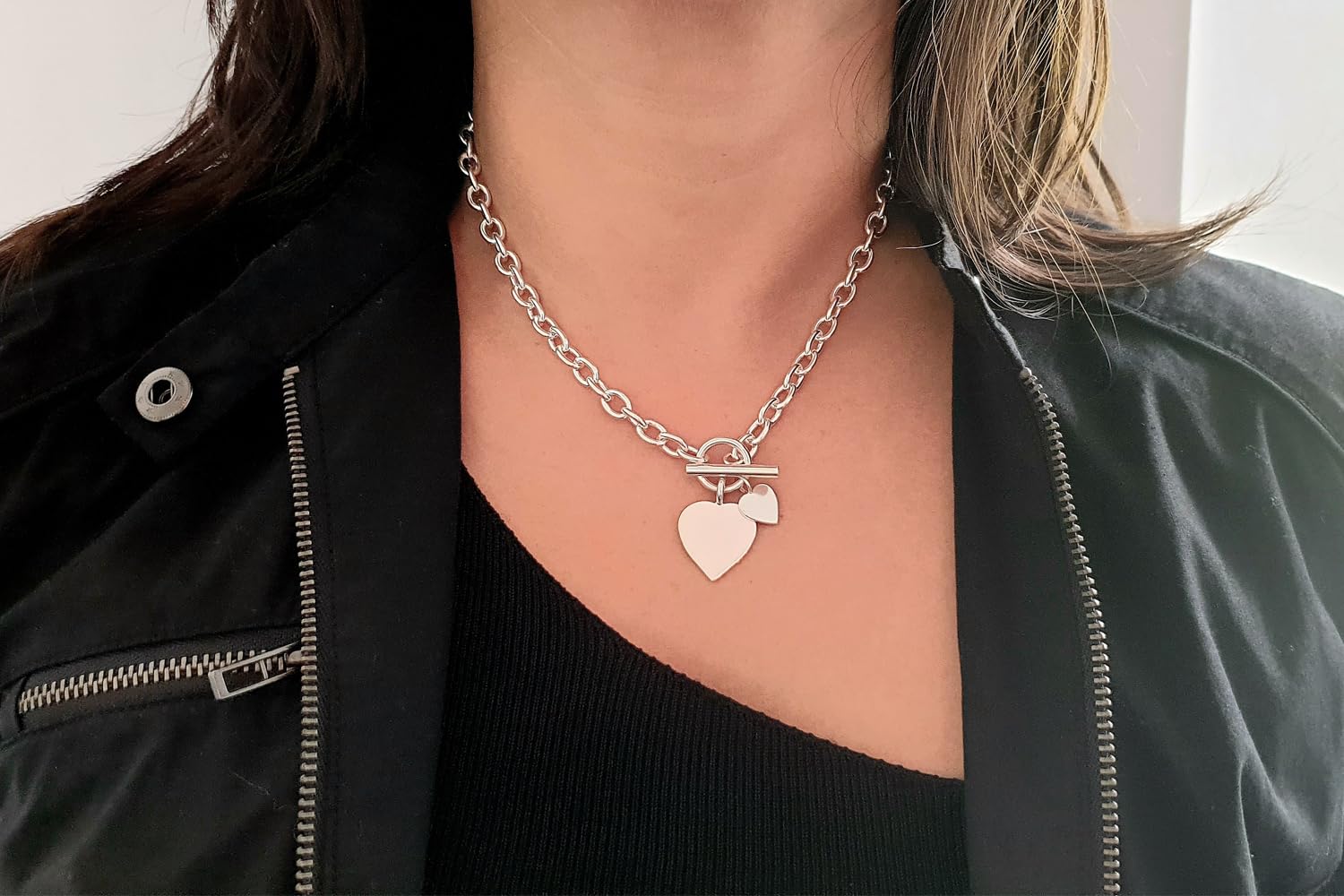 925 Sterling Silver Double Heart Pendant Necklace for Women - 925 Hallmarked with T Bar Clasp - Elegant Gift for Valentine's Day, Anniversary or Birthday - Perfect for Romantic Occasions & Everyday Wear