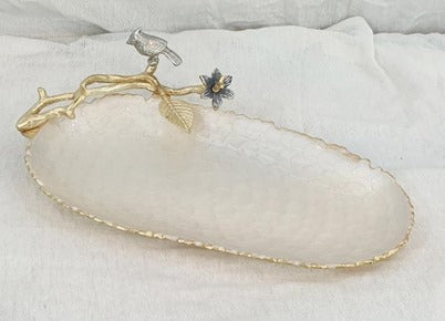 16x9x3 Inch Oval Plate in Gold/Beige with Bird Design - Elegant Serving Dish for Dinner Parties, Home Decor, and Special Occasions