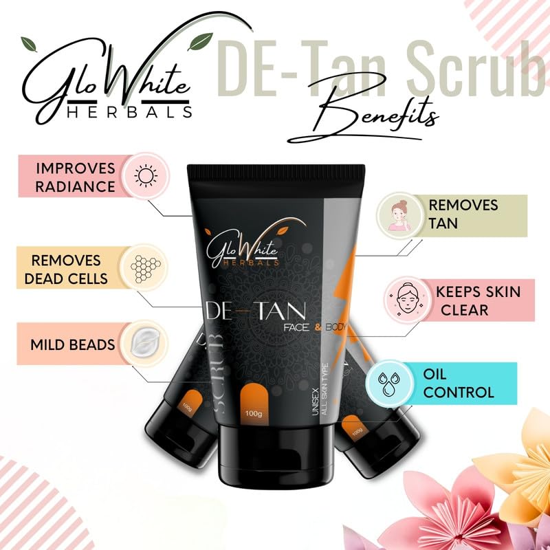 GloWhite Herbals Deep Exfoliating De-Tan Face Scrub for Blackheads & Tan Removal - Brightening Facial Cleanser with Micro Peeling Beads to Even Skin Tone, Reduce Dark Spots & Control Oil | Perfect for Daily Skincare Routine & Post-Sun Care