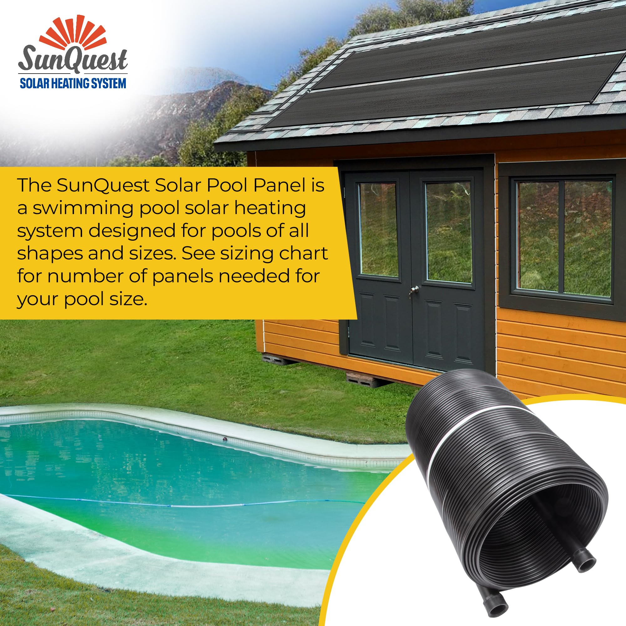 SunQuest Solar Pool Heater Panels - 2 Pack (2ft x 10ft) Solar Water Heating Collectors with Roof/Rack Kit - Energy Efficient Above Ground & Inground Pool Heater - DIY Installation, UV Resistant Polypropylene Panels - Perfect for Backyard Swimming Pools, Spas & Hot Tubs