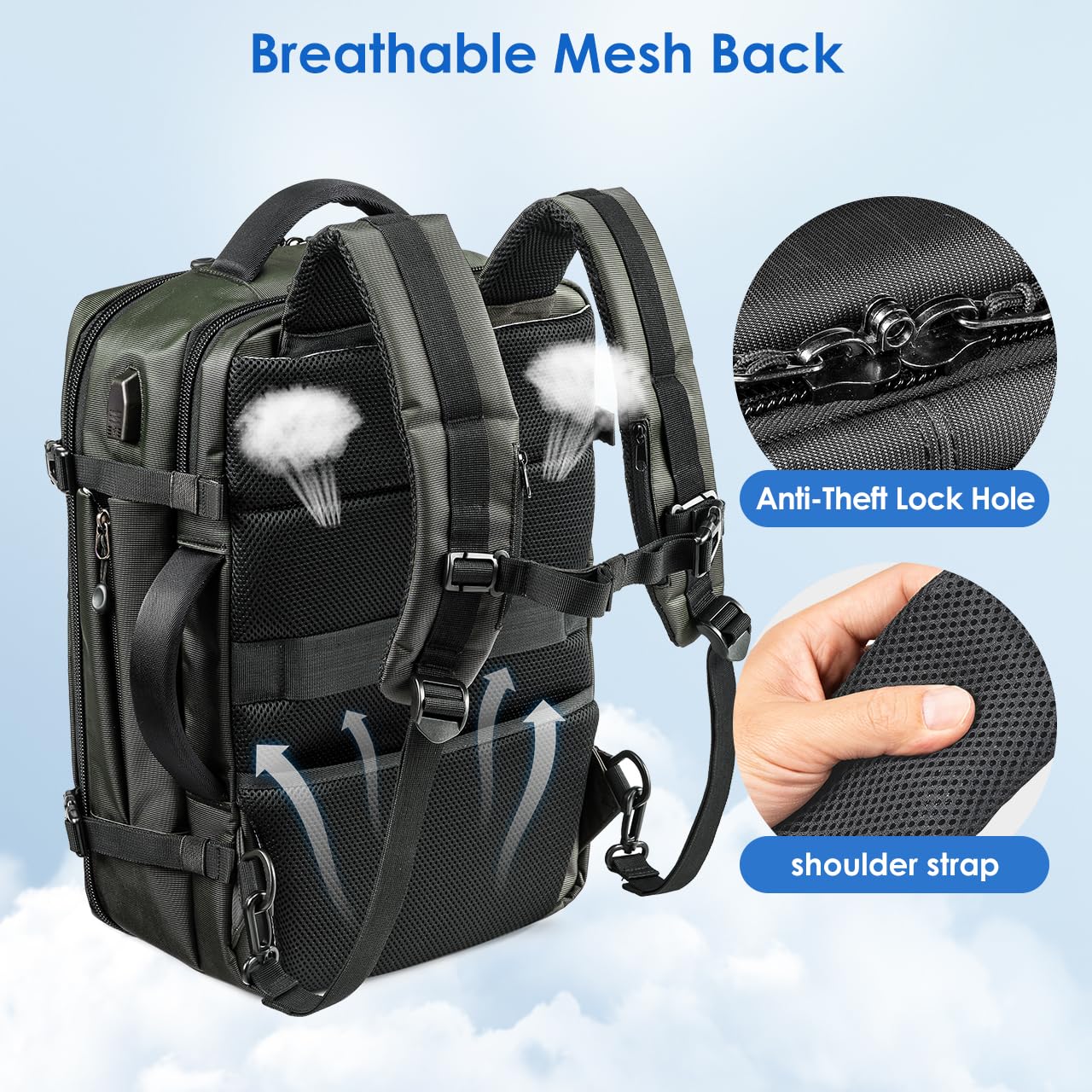 Sanwa Travel Laptop Backpack 15.6 Inch - Water Resistant Anti-Theft Business Backpack with USB Charging Port, Dual Laptop Compartment, Extendable Design for College, Work, and Travel