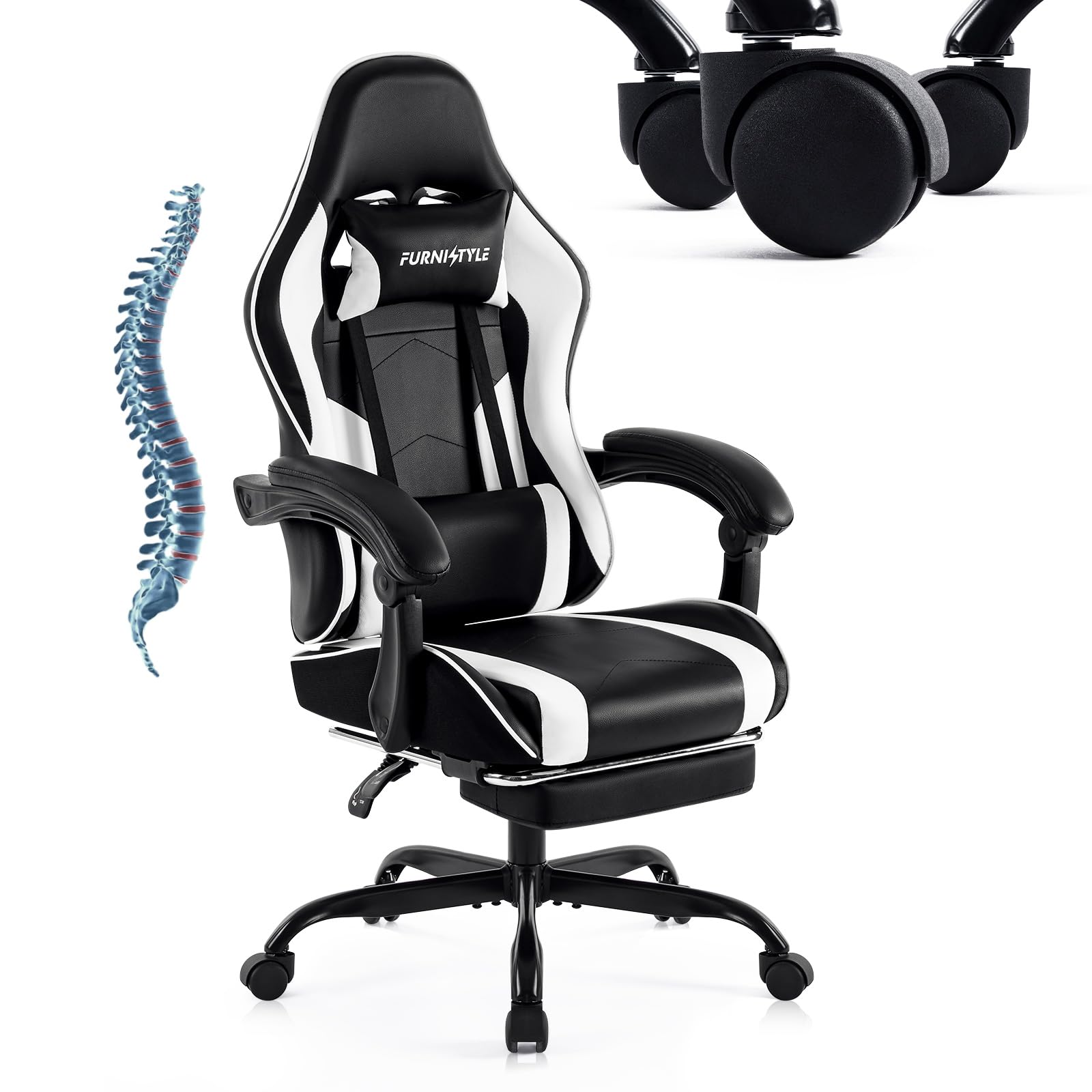 Ergonomic Gaming Chair with Footrest & Lumbar Support - Reclining Video Game Desk Chair for Teens & Adults - Adjustable Linkage Armrests - PU Leather Computer Chair for Office & Home Gaming Setup (Black-White) - Perfect for Esports, Streaming & Long Work Sessions