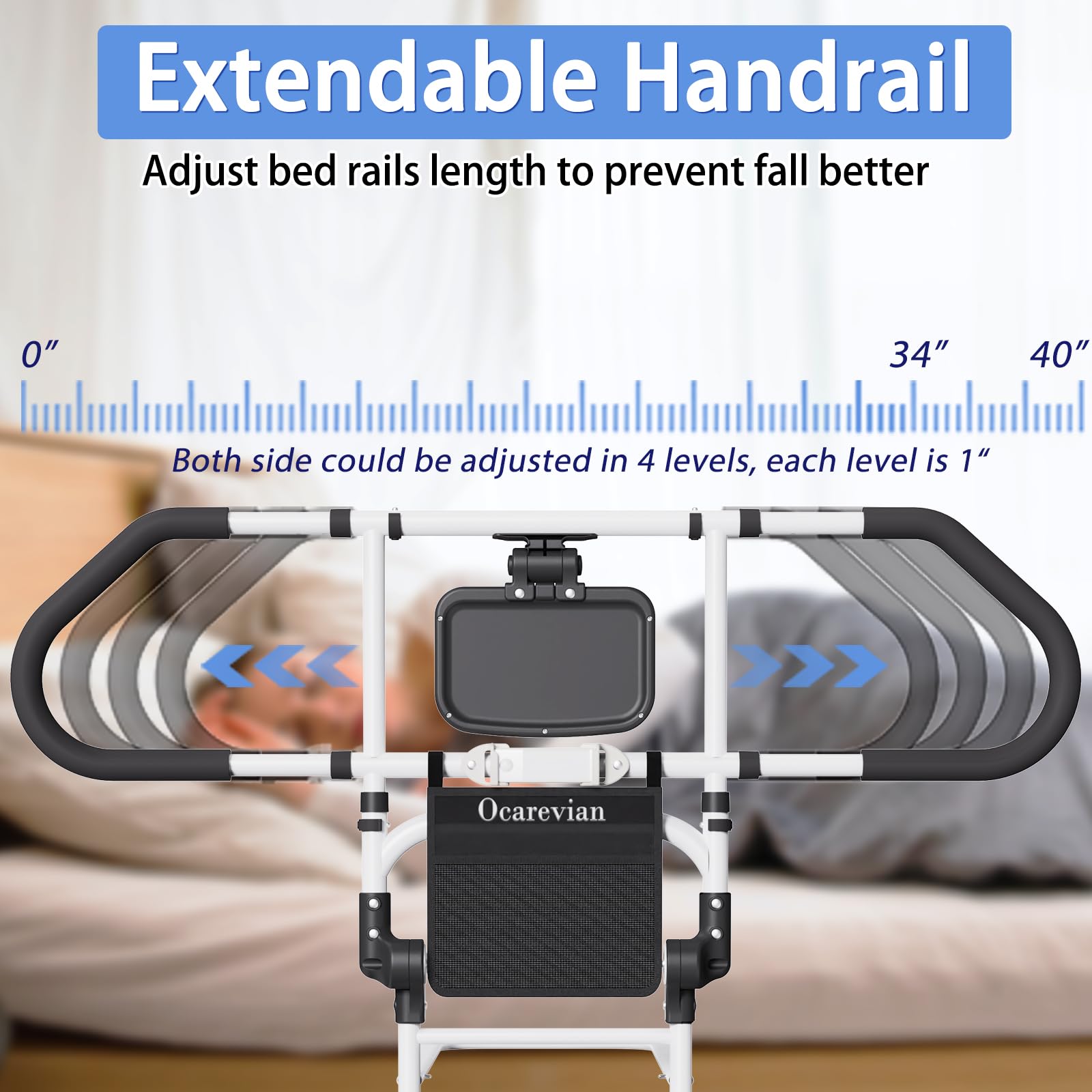 Adjustable Bed Rails for Elderly Adults - Safety Bed Assist Rails with Sensor Light & Storage Pocket - Foldable Bedside Support for Twin/Full/Queen/King Mattresses - Ideal for Seniors, Post-Surgery Recovery, and Home Care Use
