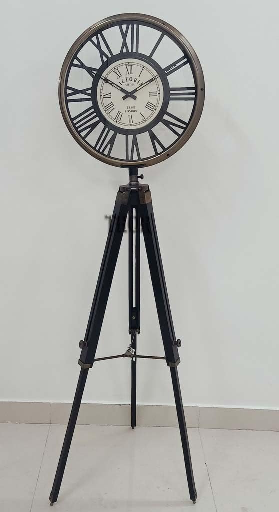 Vintage Nautical Maritime Round Floor Clock with Wooden Tripod Stand - Antique Marine Decor for Home, Office, or Boat Cabin