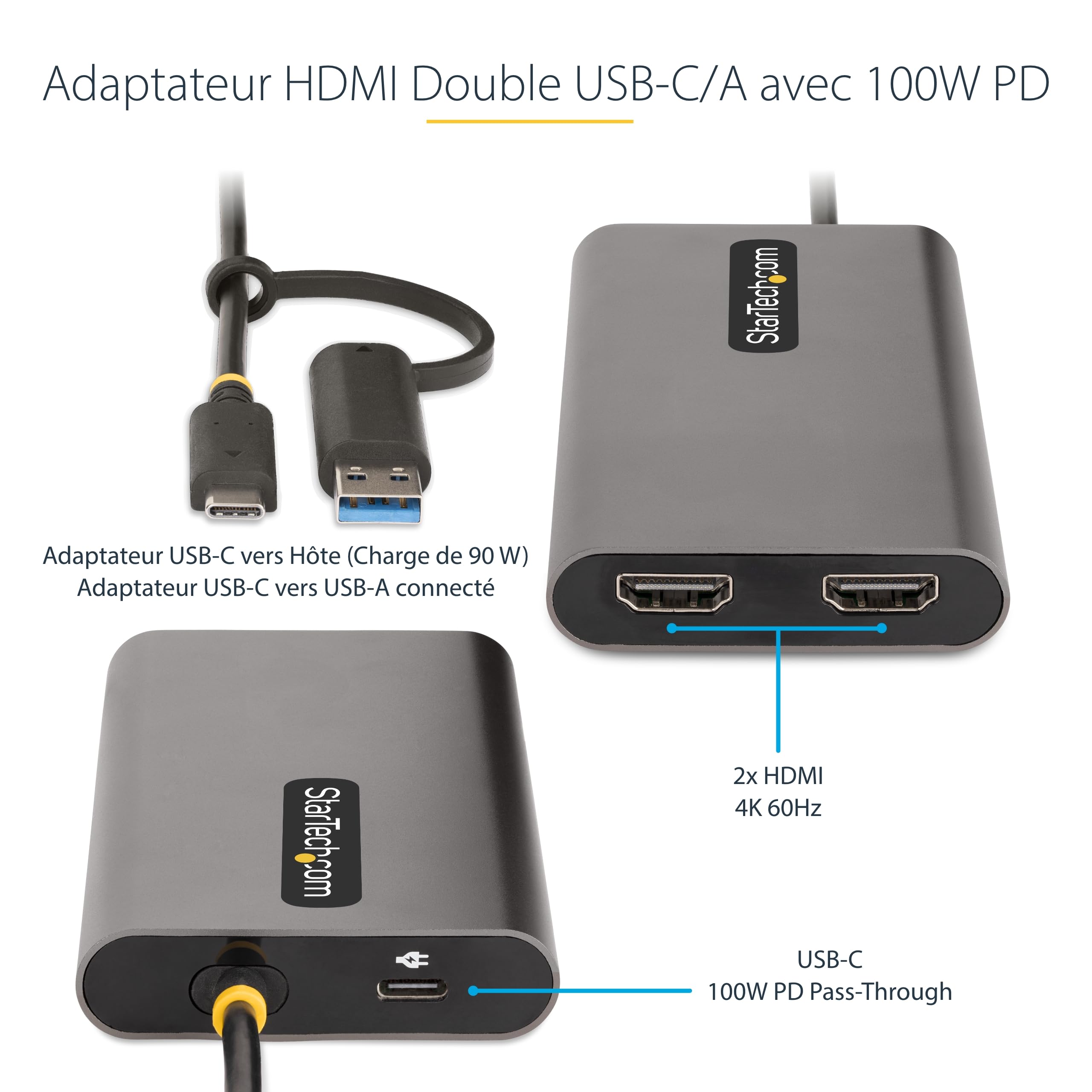 StarTech.com USB-C to Dual HDMI Adapter - 4K 60Hz Converter with 100W Power Delivery - USB-C/USB-A to 2 HDMI Ports - 30cm Built-in Cable - Ideal for Multi-Monitor Workstations, Gaming Setups & Home Theater Systems (109B-USBC-HDMI)