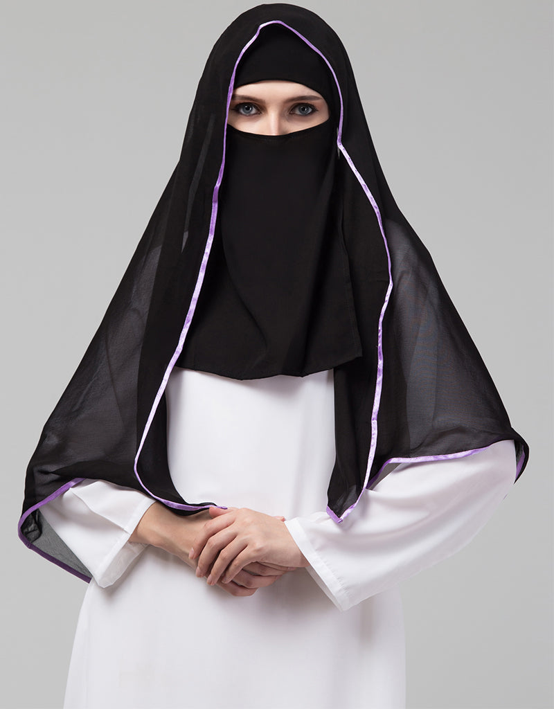 Black with Purple Polyester Georgette Hijab Headscarf - Modest Muslim Fashion for Women, Daily Wear & Special Occasions