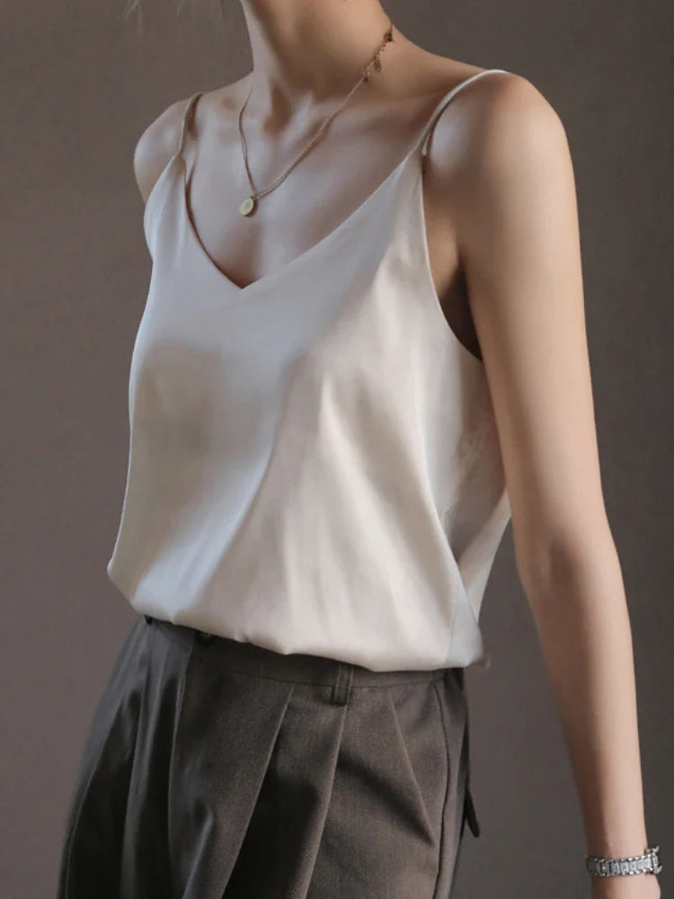 Acetate Satin Grey Camisole for Women - Loose Summer Spaghetti Strap Tank Top with V-Neck & Backless Design | Perfect for Layering, Beachwear & Night Out