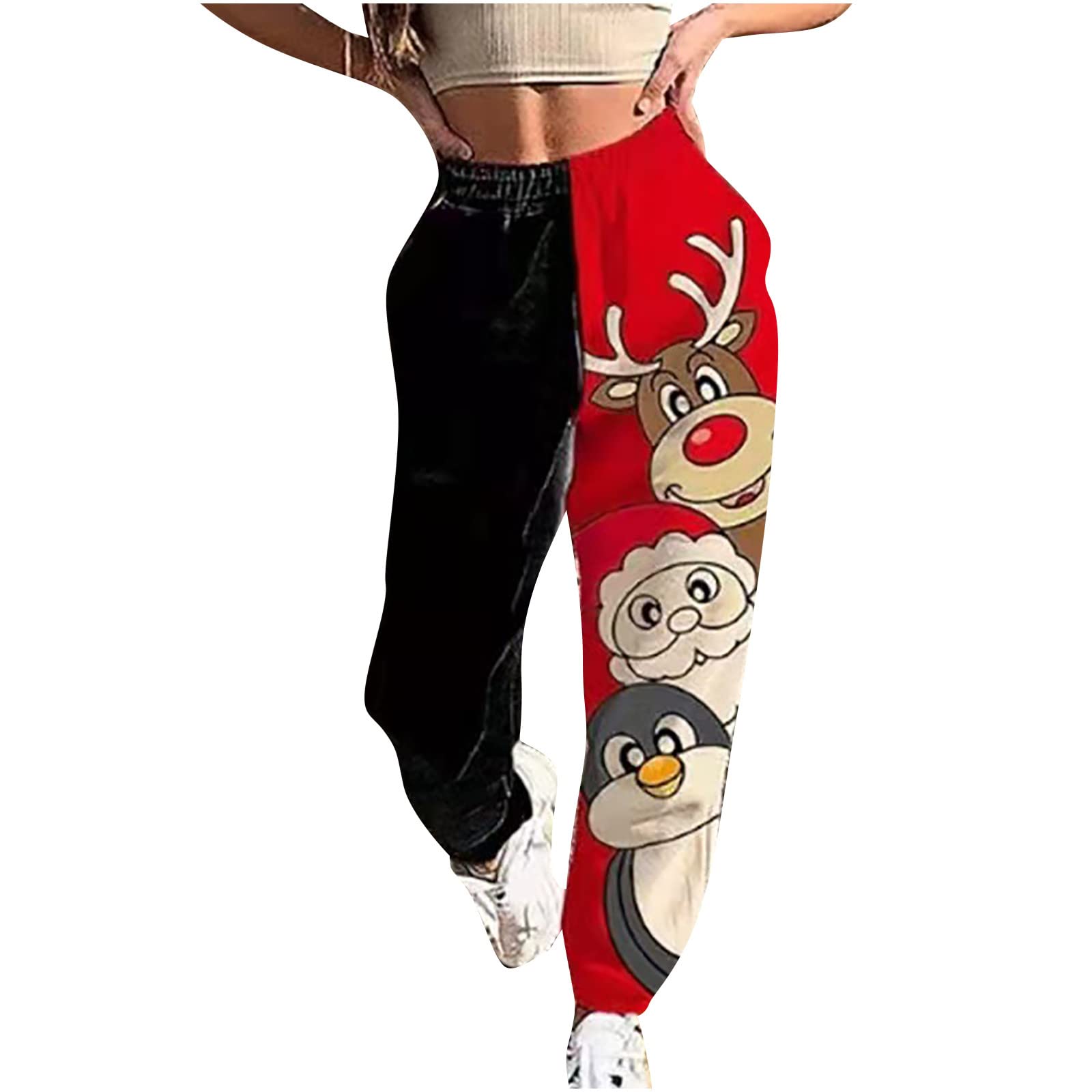 Women's Christmas Print High Waisted Sweatpants - Elastic Cinch Bottom Joggers for Casual, Workout & Lounge - Festive Holiday Pajama Pants for Winter Comfort & Cozy Home Wear