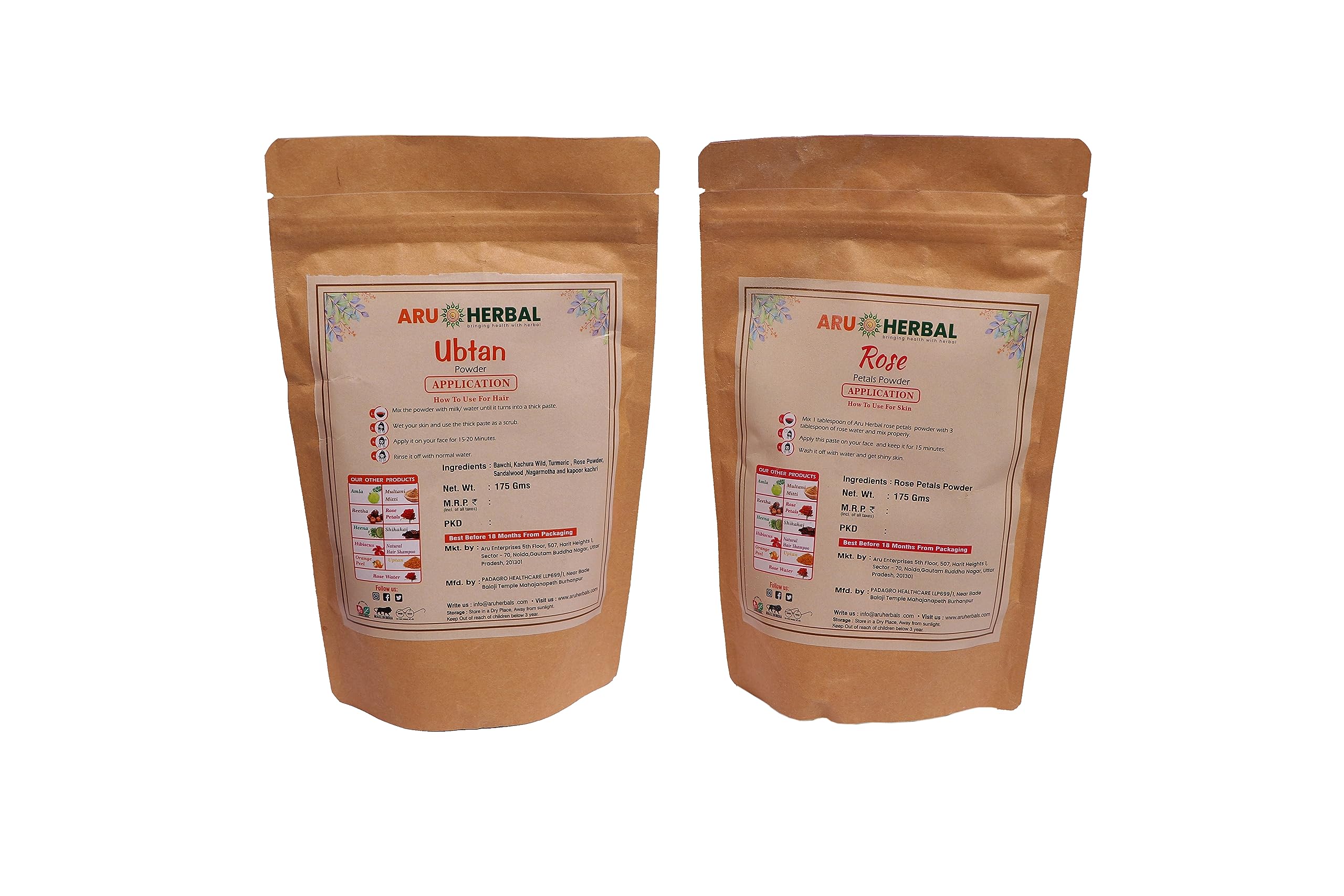 **Aru Herbal Ubtan Pack for Face & Body - Skin Brightening, Tan Removal, Glowing Complexion with Rose Petal Powder | Natural Face Wash, Anti-Aging Mask, Dark Spot Treatment | 350g (175g x 2) | Perfect for Daily Skincare & Bridal Glow Prep**