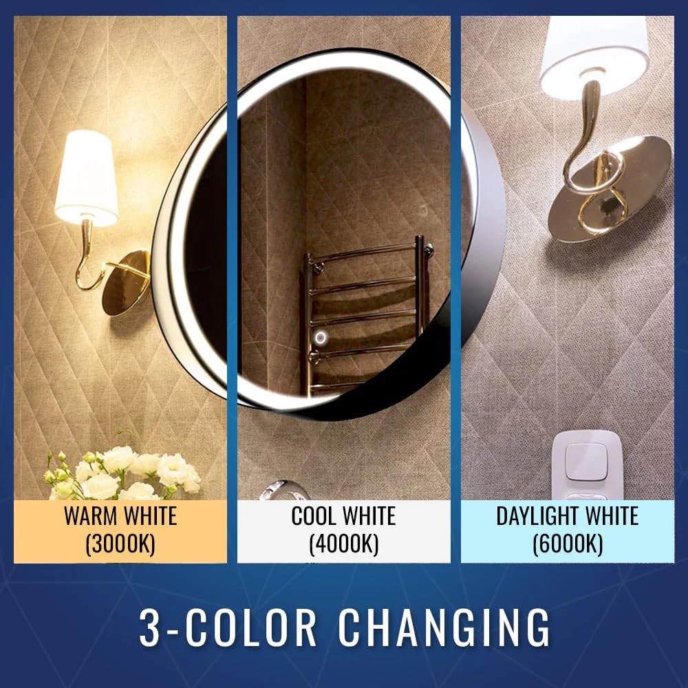 24 Inch Round LED Bathroom Vanity Mirror with Adjustable CCT (3000K/4000K/6000K) - Black Frame, 1440 Lumens, Touch Switch & Defogger - Perfect for Makeup, Shaving & Home Decor - High CRI 90+ Lighting