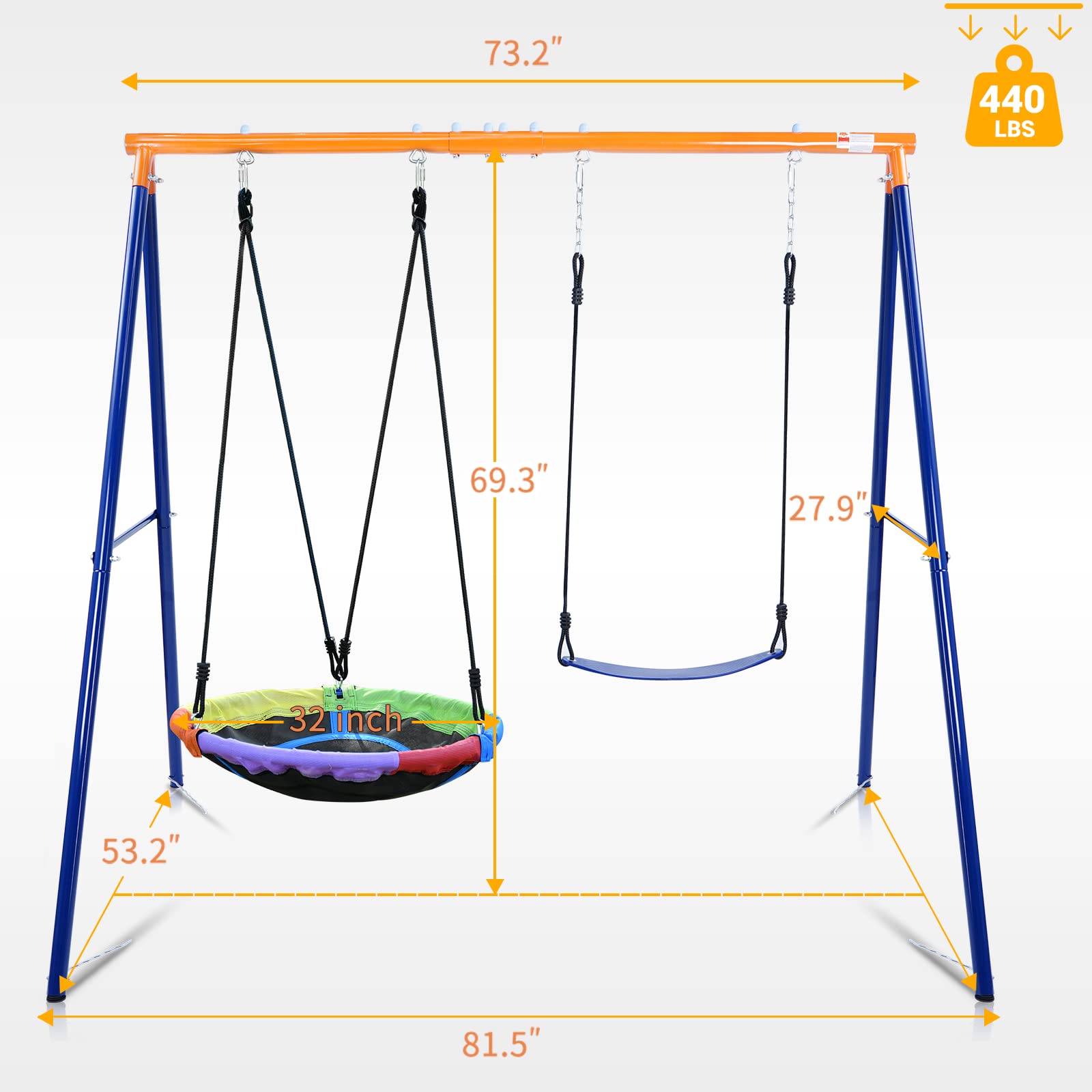 Heavy-Duty Metal A-Frame Swing Set for Backyard - 440lbs Capacity with Saucer Swing & Belt Seat - Perfect for Outdoor Play, Kids Playground, and Family Fun Activities