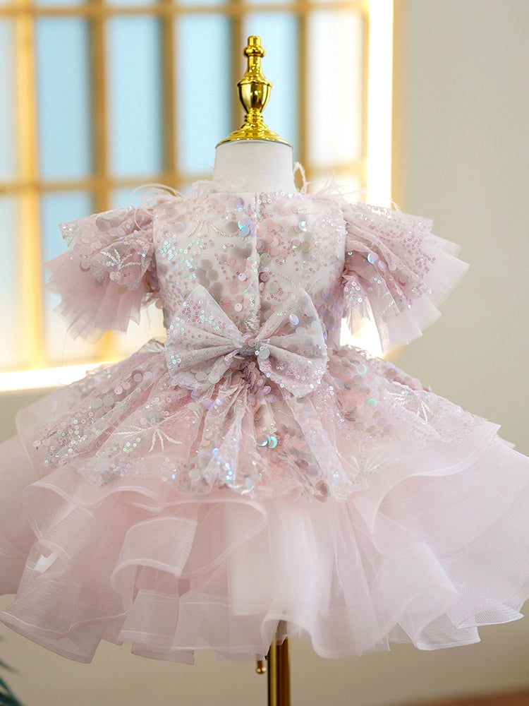 Pink Princess Round Tea Length Organza Flower Girl Dress for Weddings, Parties & Special Occasions