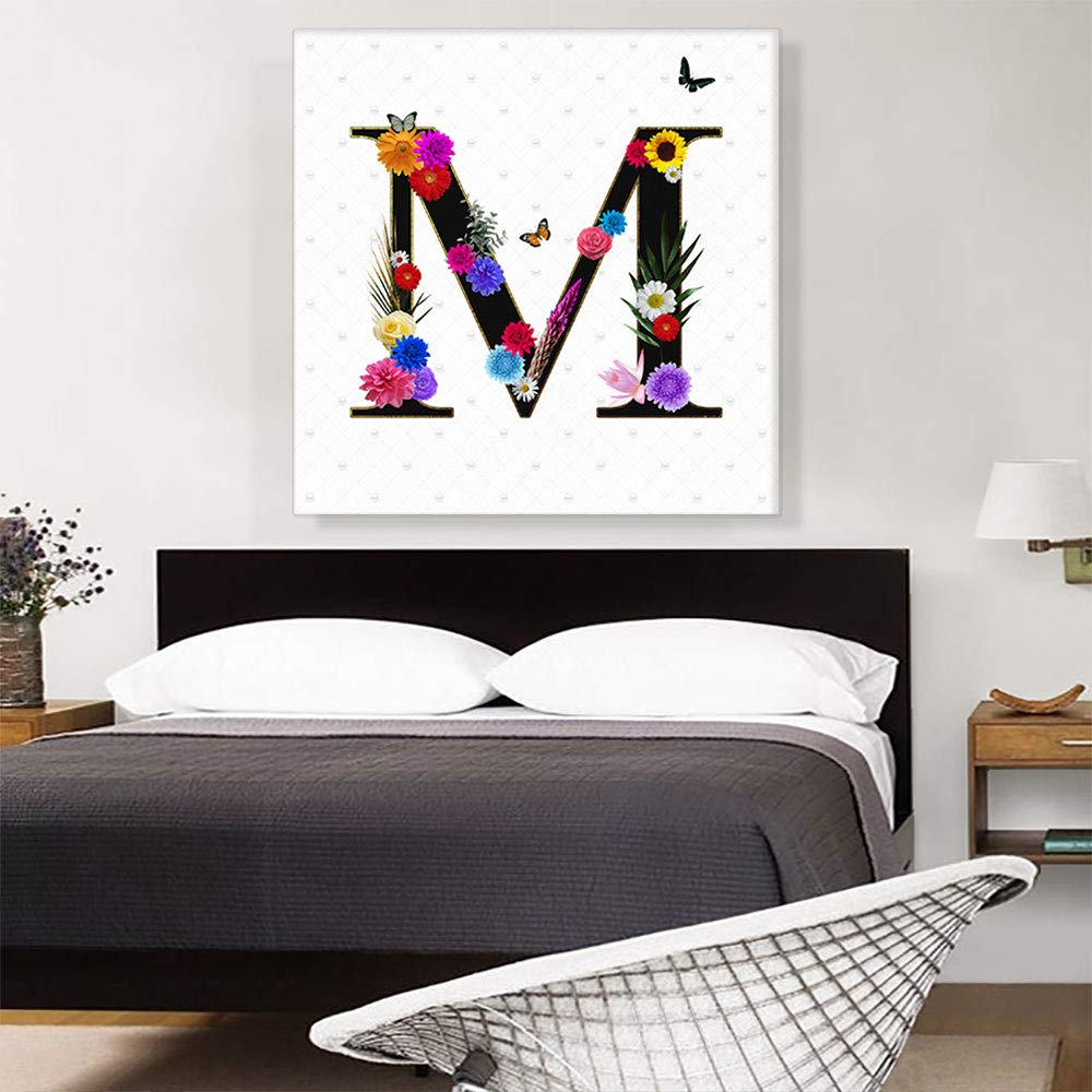 ARTCANVAS Floral Butterfly Alphabet Letter M Canvas Wall Art - 36x36 Inch Stretched Framed Giclee Print, Modern Home Decor for Living Room, Bedroom & Office