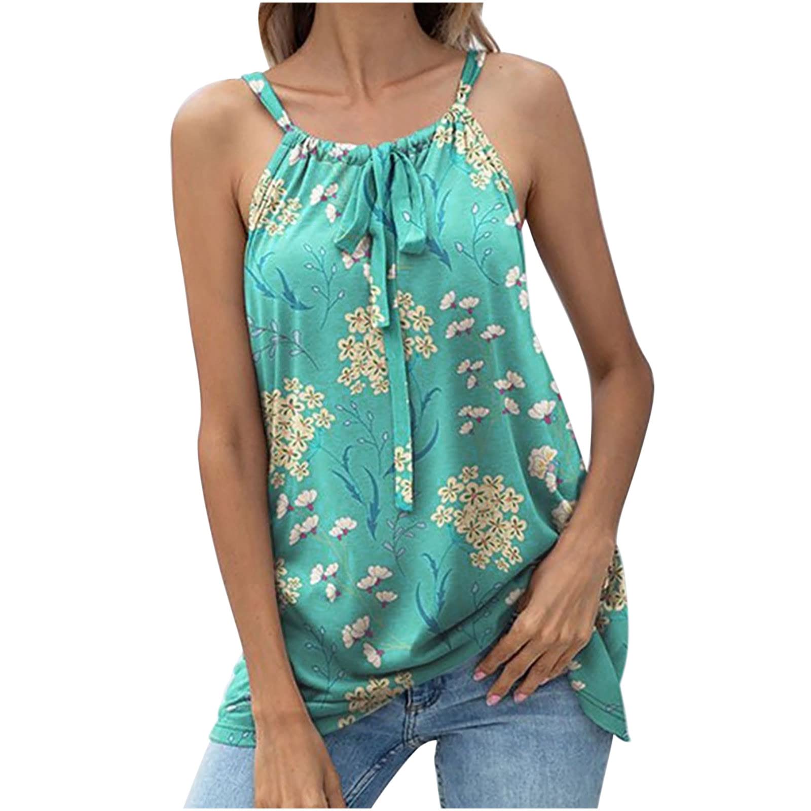 Roliyen Women's Sexy Vintage Print Suspender Tank Top - V Neck Sleeveless Summer Blouse for Casual Outings & Date Nights