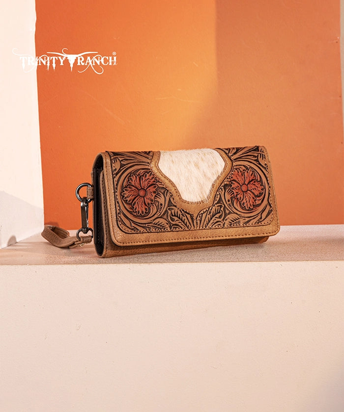Trinity Ranch Floral Tooled Hair-On Cowhide Leather Wallet for Men & Women - Stylish Western Bifold Wallet for Everyday Use, Travel & Gifts