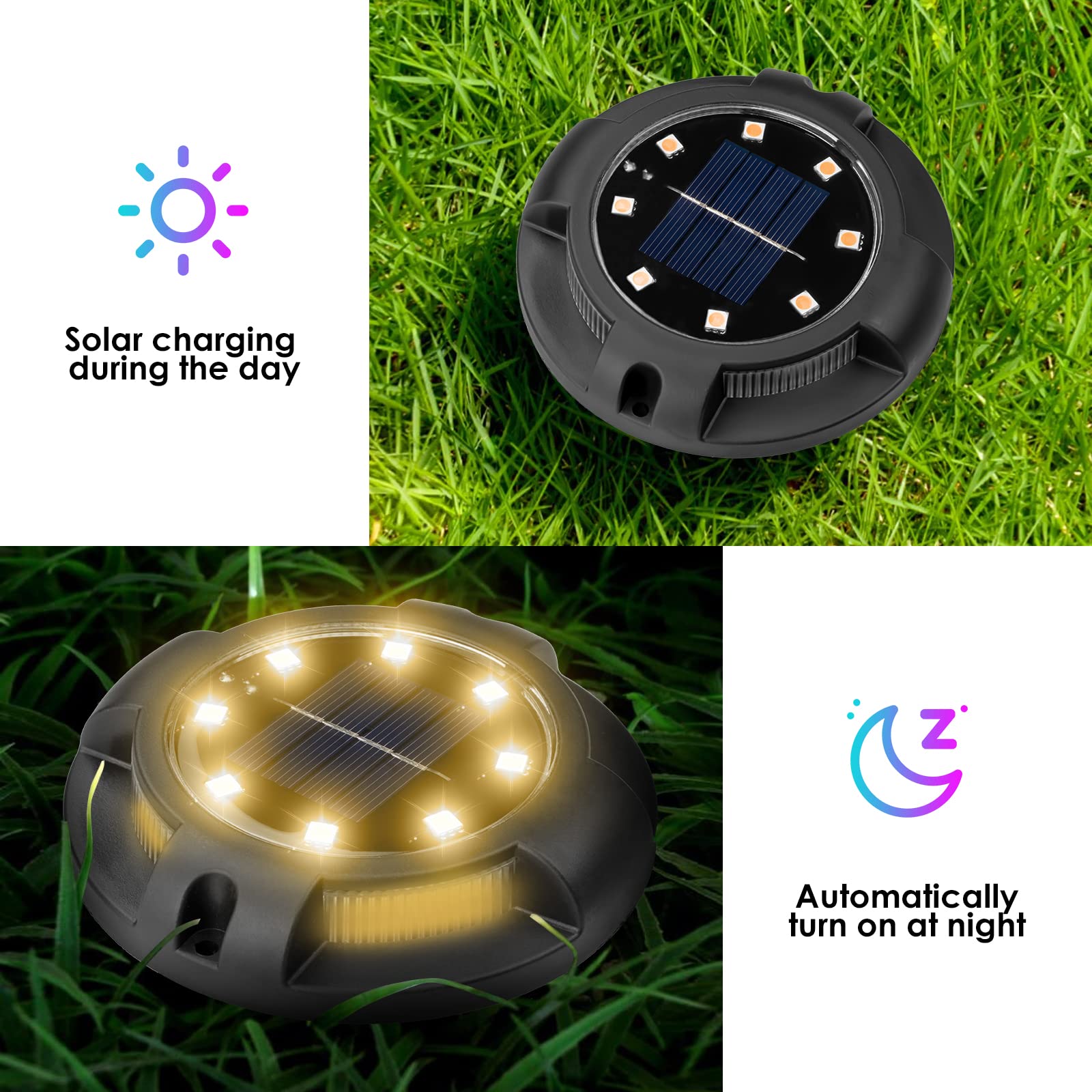 Fohil 12 Pack Solar Disk Lights - 12 LED Waterproof Outdoor In-Ground Lights for Pathway, Lawn, Yard, Patio, Walkway, Driveway, Deck, Garden Decor - Warm White Solar Landscape Lighting for Nighttime Safety and Ambience