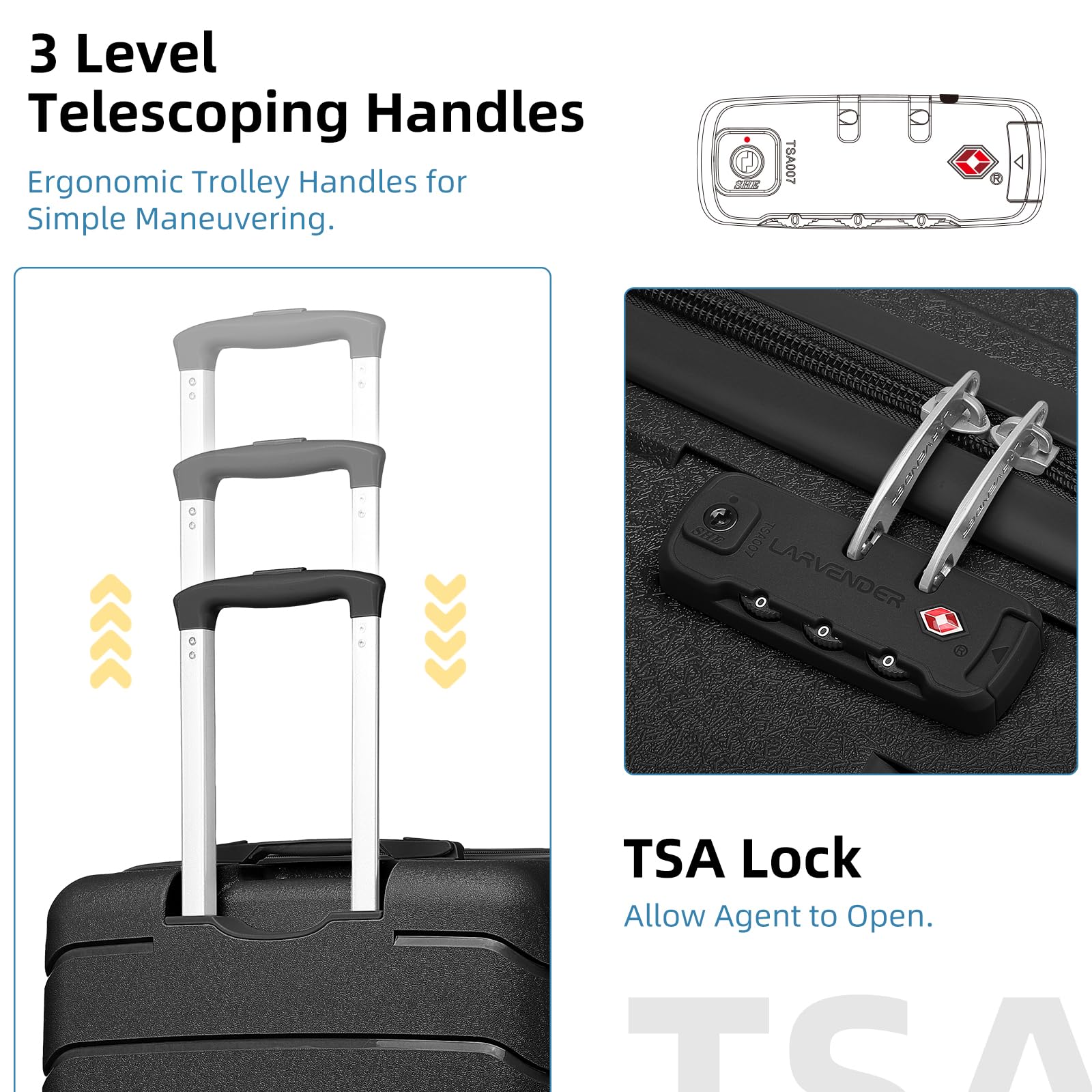 Lavender 3-Piece Hard Shell Carry On Luggage Set for Women - 20 Inch Airline Approved Spinner Suitcase with TSA Lock (22x14x9 Inches) - Perfect for Business Travel, Weekend Getaways & Airplane Cabins (Black, 20Inch/DB/TB)