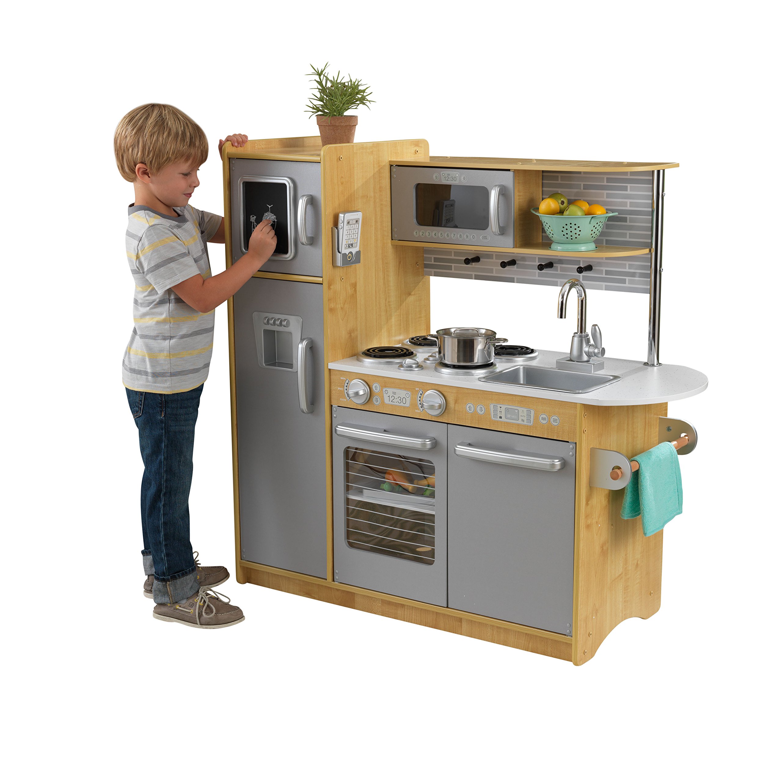 KidKraft Uptown Natural Wooden Play Kitchen Set with Play Phone, Chalkboard & Towel Rack - Pretend Play Toy for Kids Ages 3+ (43 x 17.75 x 41 Inches) - Perfect for Imaginative Play, Birthday Gifts & Preschool Learning Activities