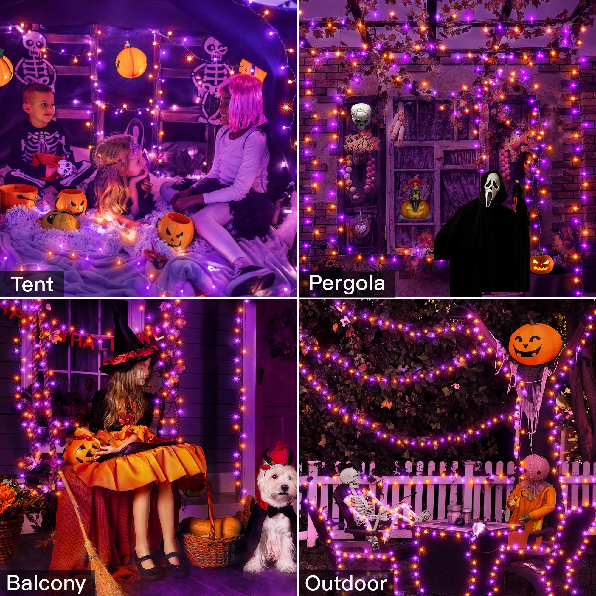 Ollny 60 FT 180 LED Halloween Lights Outdoor - Orange & Purple Waterproof String Fairy Lights with 8 Modes & Timer - Perfect for Halloween Party, Yard, Door Decorations - Also Great for Christmas & Holiday Lighting