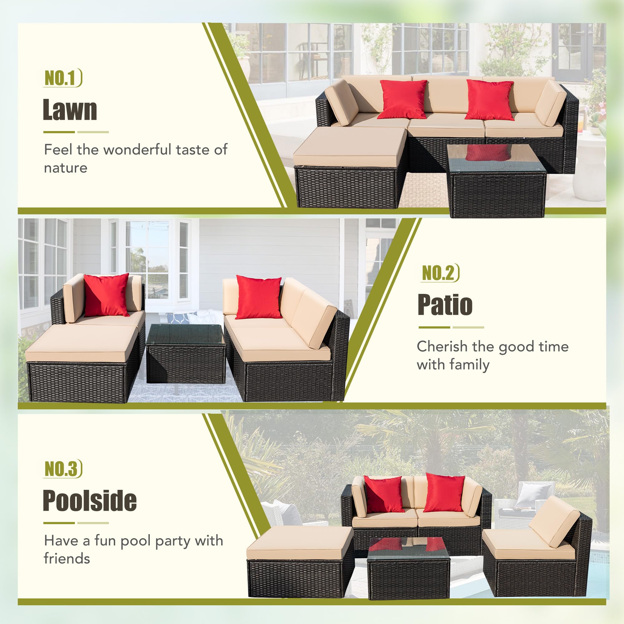 Greesum 5-Piece Outdoor Patio Furniture Set - Wicker Rattan Sofa with Cushions, Pillows & Glass Coffee Table - Beige Conversation Set for Porch, Lawn, Garden, Backyard and Poolside Relaxation