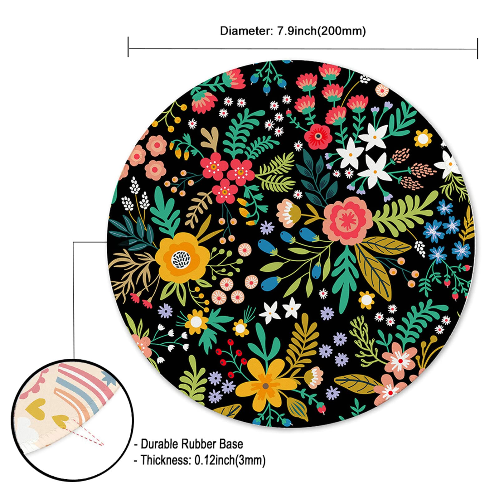 Premium Round Gaming Mouse Pad - Non-Slip Rubber Base with Stitched Edge (7.9x7.9 Inch) for PC, Laptop & Office - Spring Floral Design - Perfect for Gamers & Professionals