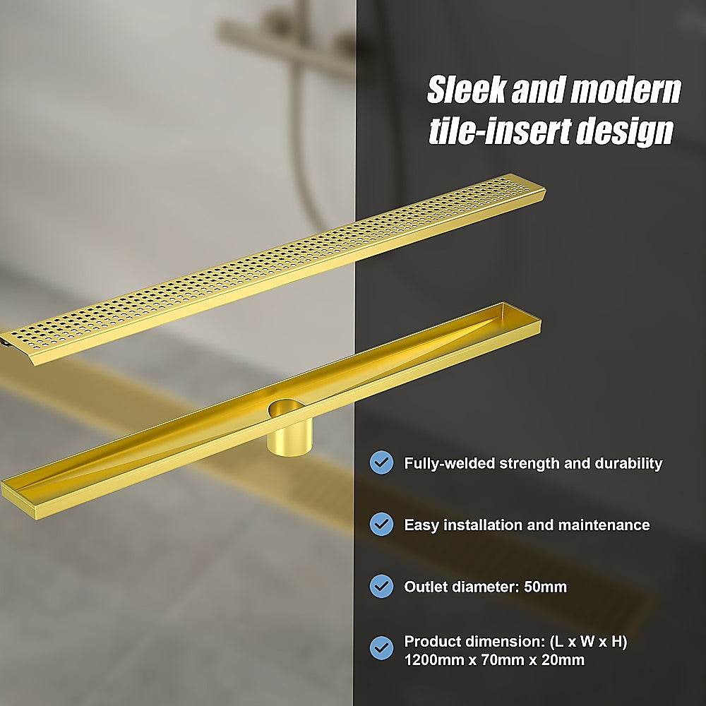 1200mm Brushed Brass Shower Drain Grate with Center Outlet - Square Pattern Floor Waste for Bathroom & Wet Room - Durable & Stylish Drainage Solution for Showers, Baths, and Wet Areas