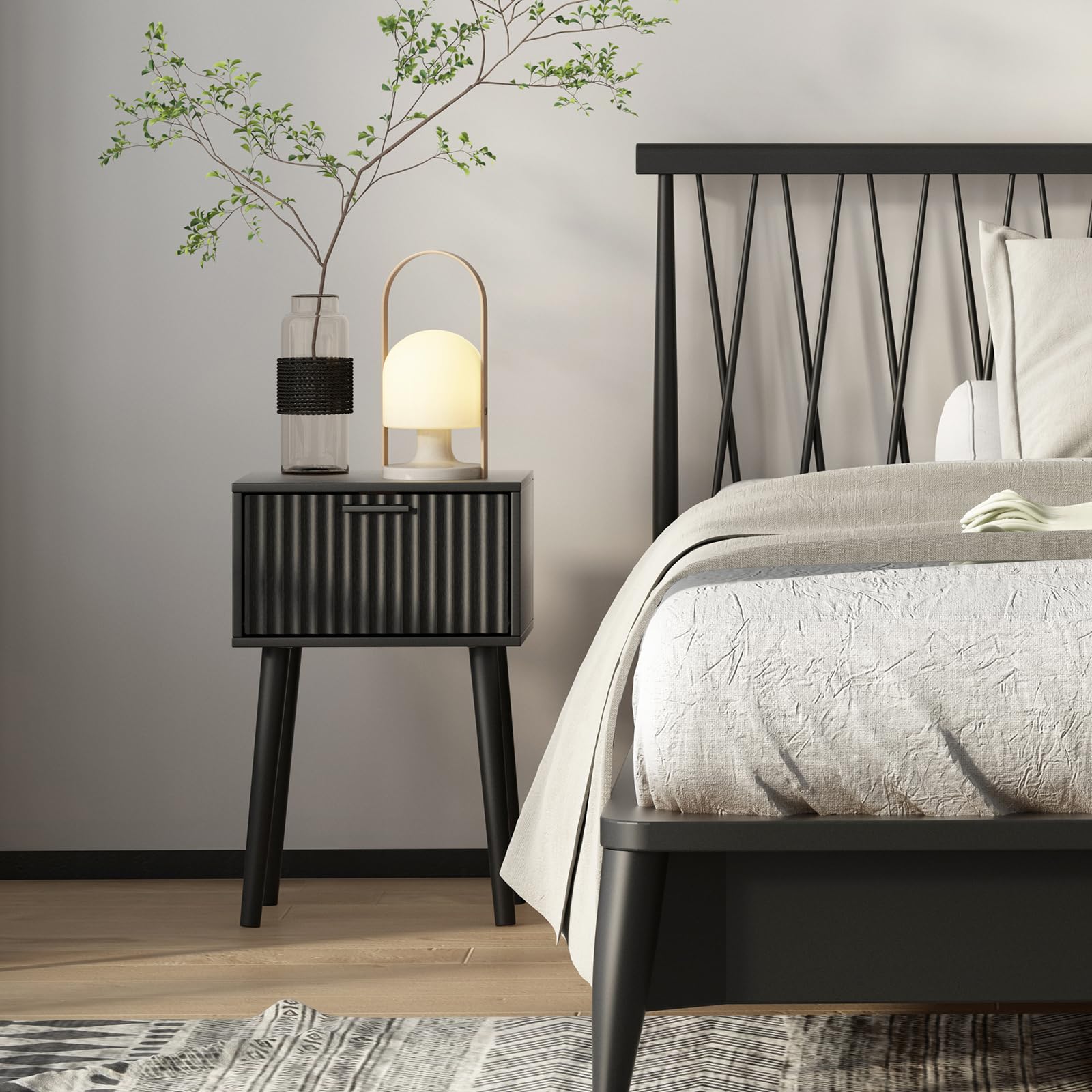 LAATOOREE Nightstands Set of 2 - Modern Mid-Century Bedside Tables with Fluted Doors & Solid Wood Feet, Small End Tables for Bedroom, Living Room, or Office (Black) - Perfect for Small Spaces & Home Decor
