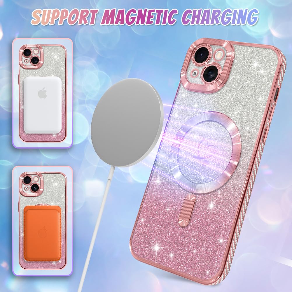 **Bonoma Magnetic Case for iPhone 15 Plus 6.7 Inch - Magsafe Compatible, Glitter Heart Design, TPU Back Cover with 2x Screen Protectors - Pink | Perfect for Everyday Use & Camera Protection**
