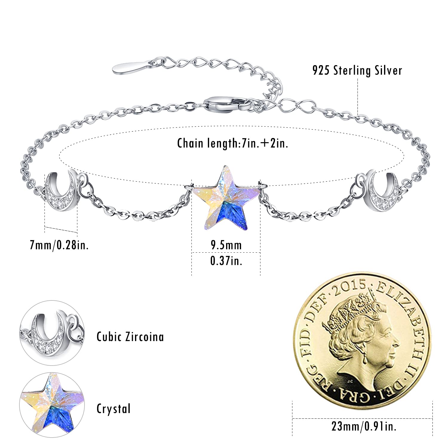Dreamy Sterling Silver Moon and Star Bracelet for Women - Celestial Jewelry Gift for Birthday, Anniversary & Everyday Wear