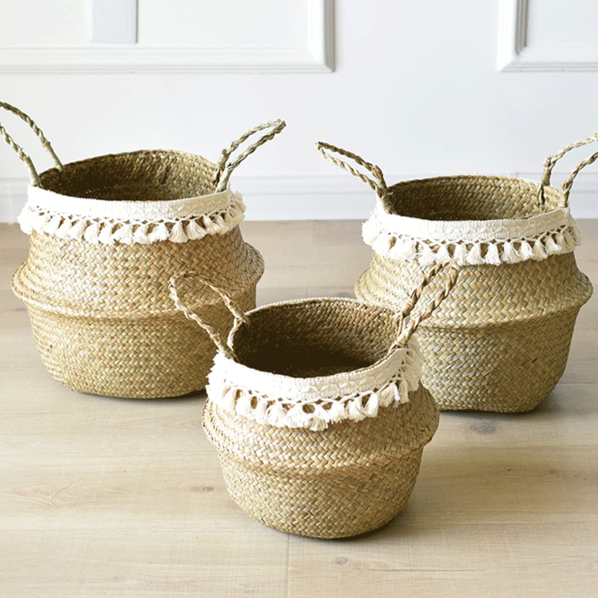 Natural Seagrass Woven Basket with Handles - Foldable Plant Pot, Home Decor Storage Organizer for Laundry, Flowers & Organizing | Stylish White Tassel Accent | Perfect for Boho Home Decor, Bathroom Storage & Nursery Organization