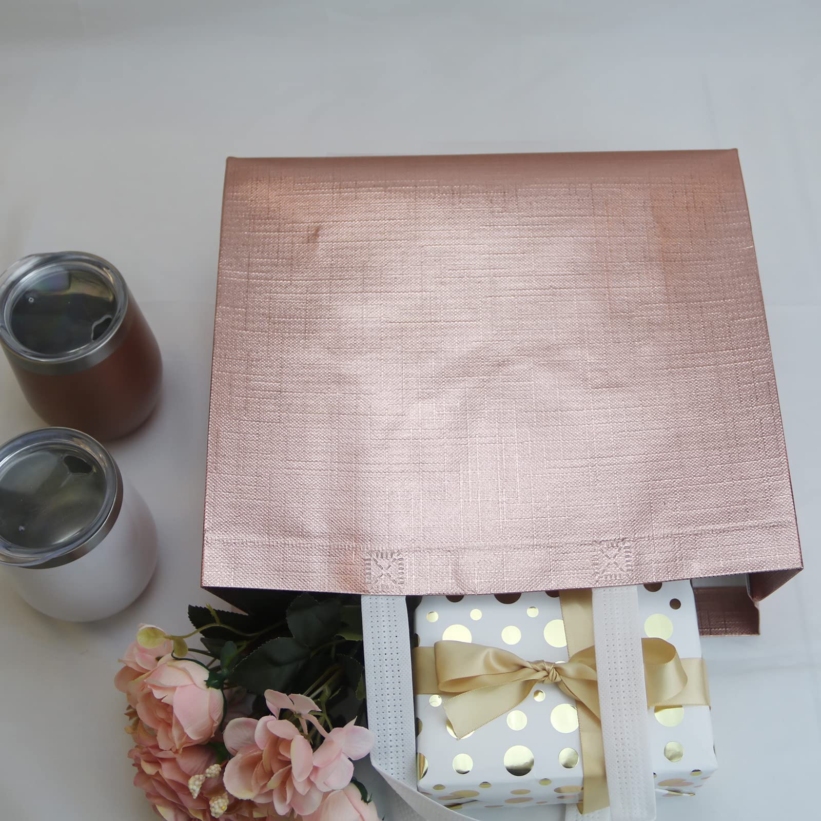 HUANN Rose Gold Bachelorette Party Gift Bags - Large Glossy Reusable Non-Woven Tote Bags for Bridal Shower, Wedding Favors & Girls Night Out