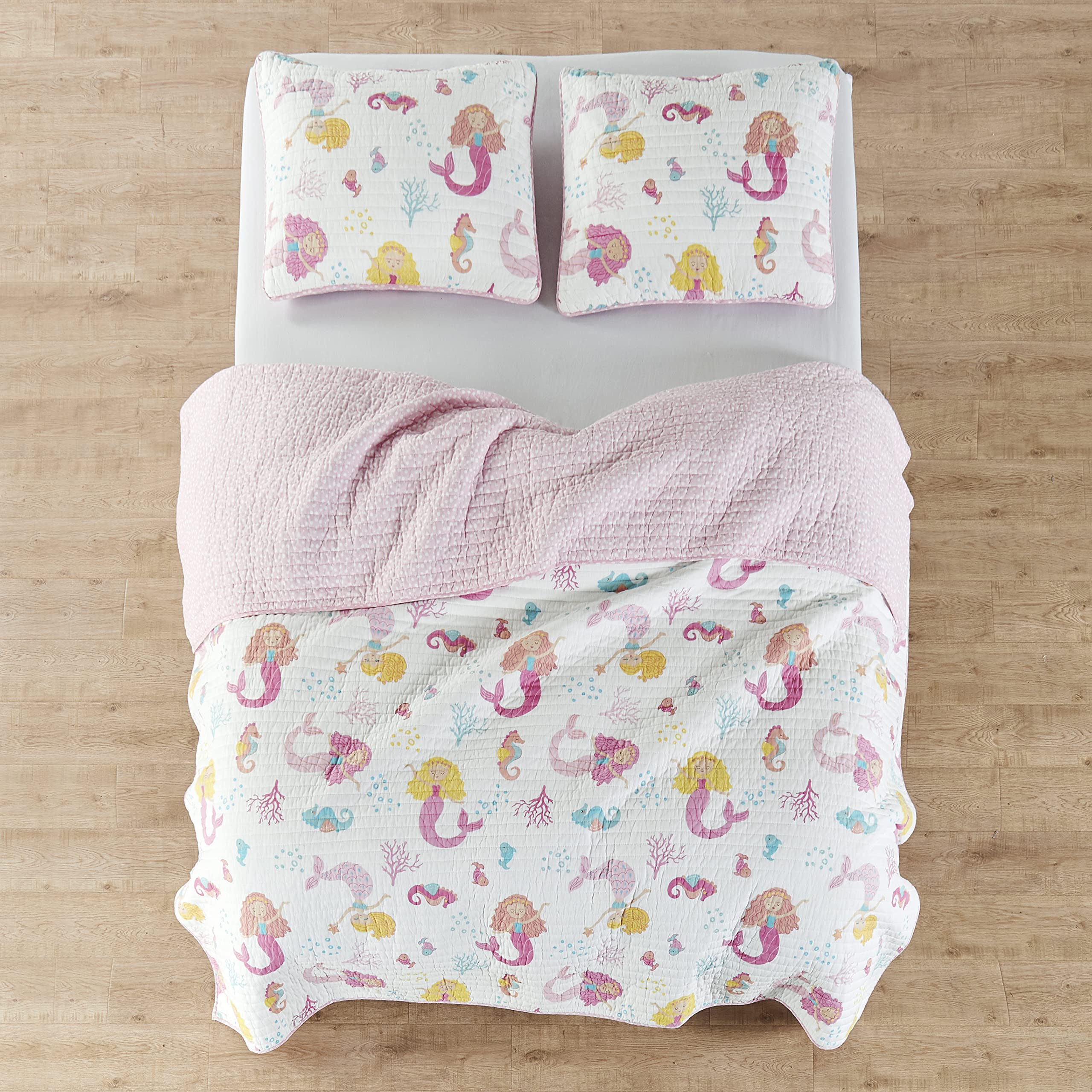 Levtex Home Marina Full/Queen Cotton Quilt Set - Soft Pink & White Mermaid Design | Coastal Bedroom Decor, Beach House Bedding, Girls' Room Essentials