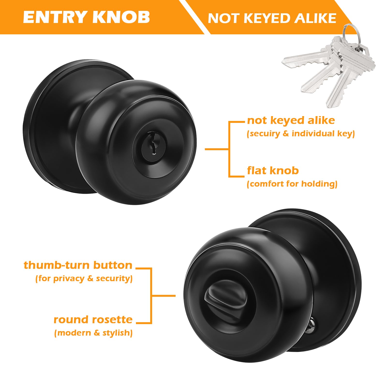 Gobrico 10-Pack Flat Black Ball Door Knobs with Unique Keys - Secure & Stylish Entryway Hardware for Homes, Offices & Apartments