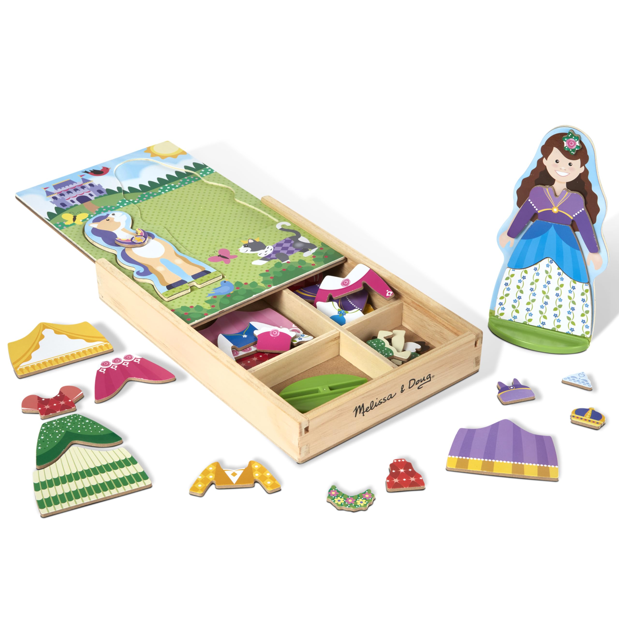 Melissa & Doug Princess & Horse Magnetic Dress-Up Wooden Doll Pretend Play Set - 35 Piece Wooden Magnetic Doll & Costume Set for Kids - Perfect for Imaginative Play, Birthday Gifts & Preschool Learning Activities
