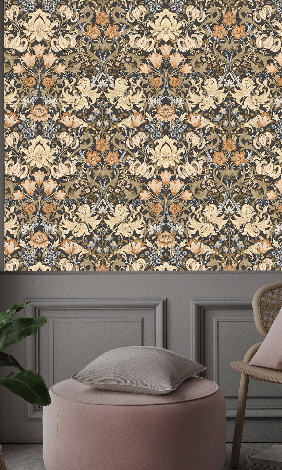 Charcoal and Orange Elegant Floral Damask Wallpaper R9635 - Premium Peel and Stick Wallpaper for Living Room, Bedroom, Dining Room Decor