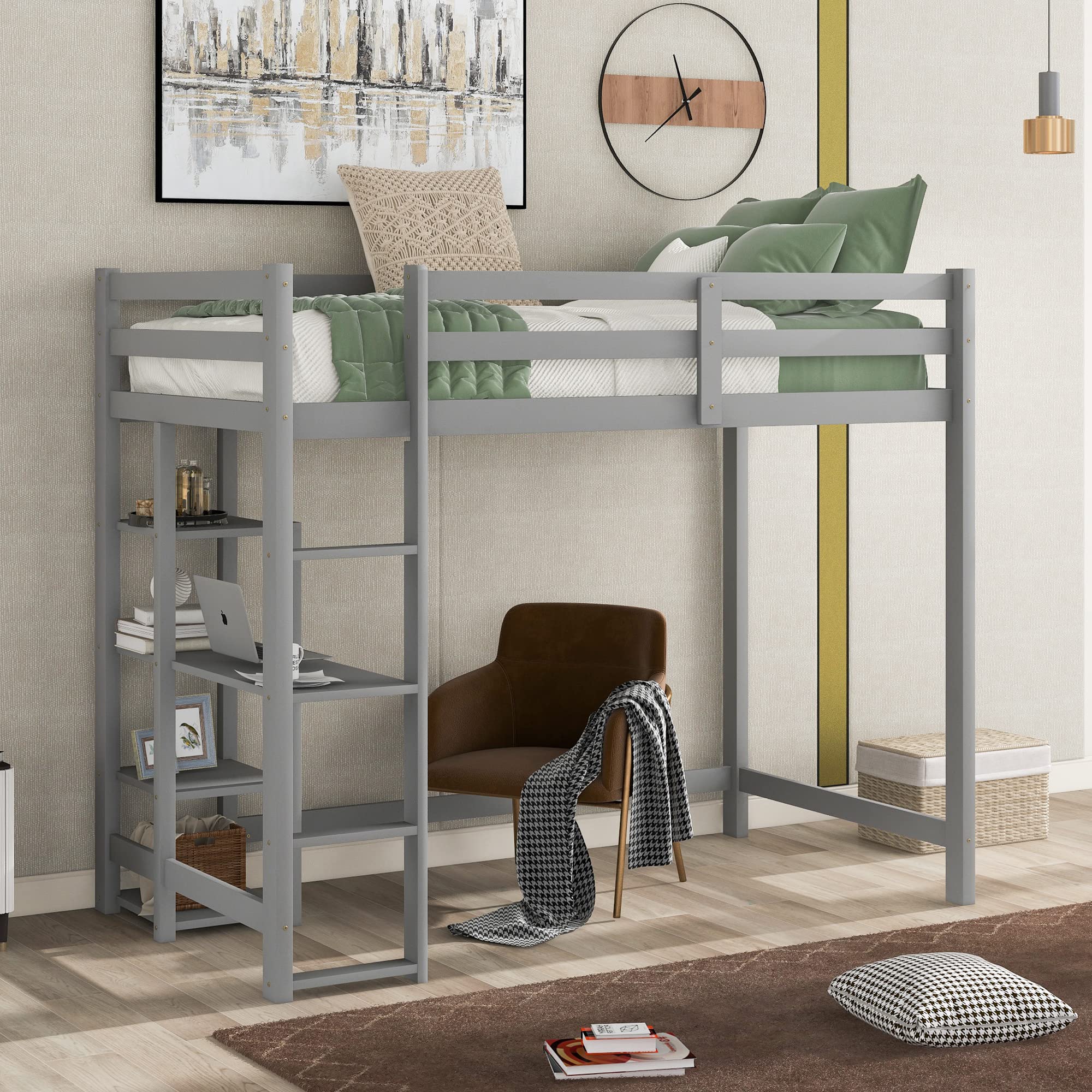 Twin Size Loft Bed with Storage Shelves & Under-Bed Desk - Sturdy Wood Loft Bed Frame with Full-Length Guardrail & Built-in Ladder - Space-Saving Loft Bed for Kids Teens Adults - No Box Spring Needed (Gray) - Perfect for Small Bedrooms, Dorms & Studio Apartments