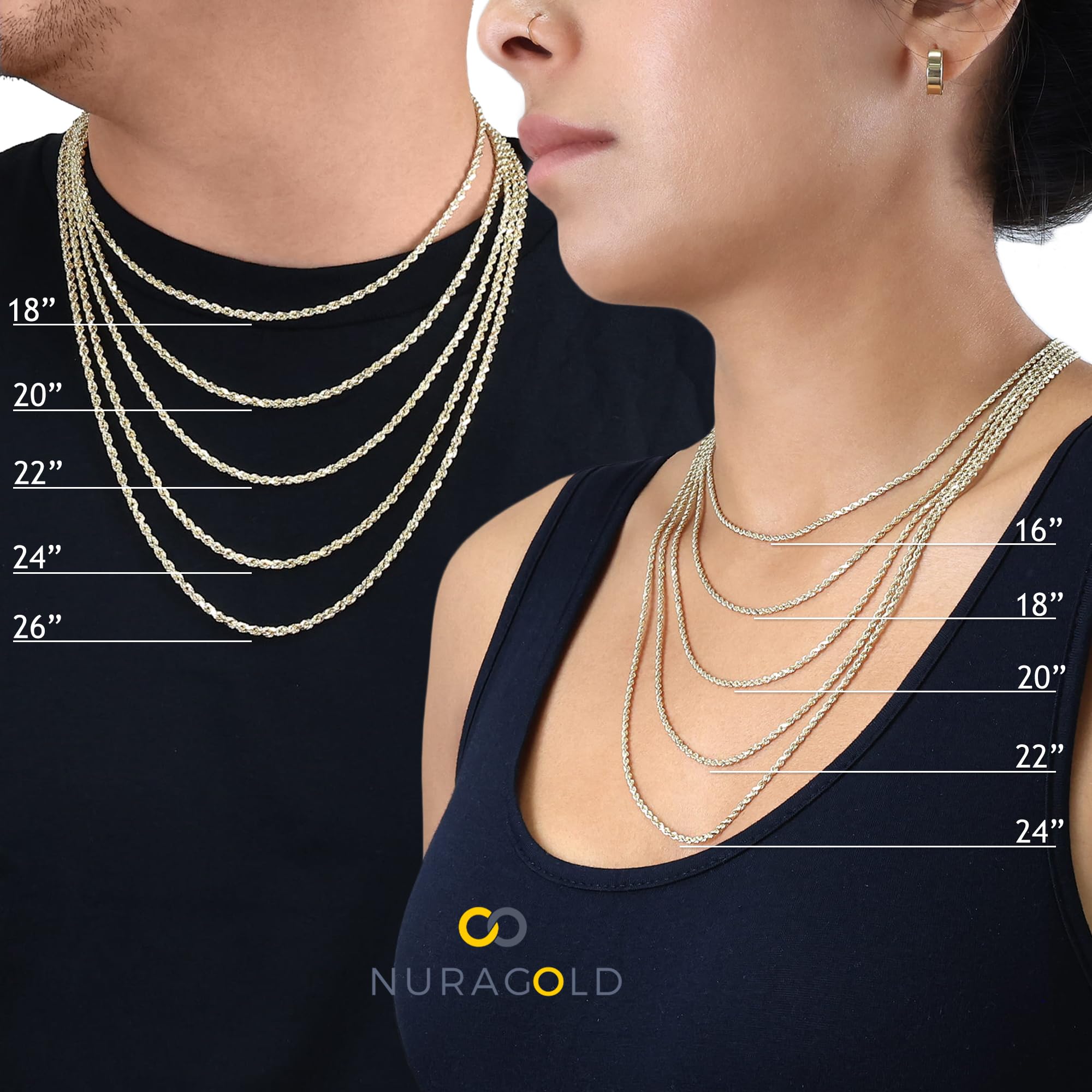 10K Real Yellow Gold 2mm Rope Chain Necklace - Diamond Cut Lightweight Italian Jewelry for Men & Women (16