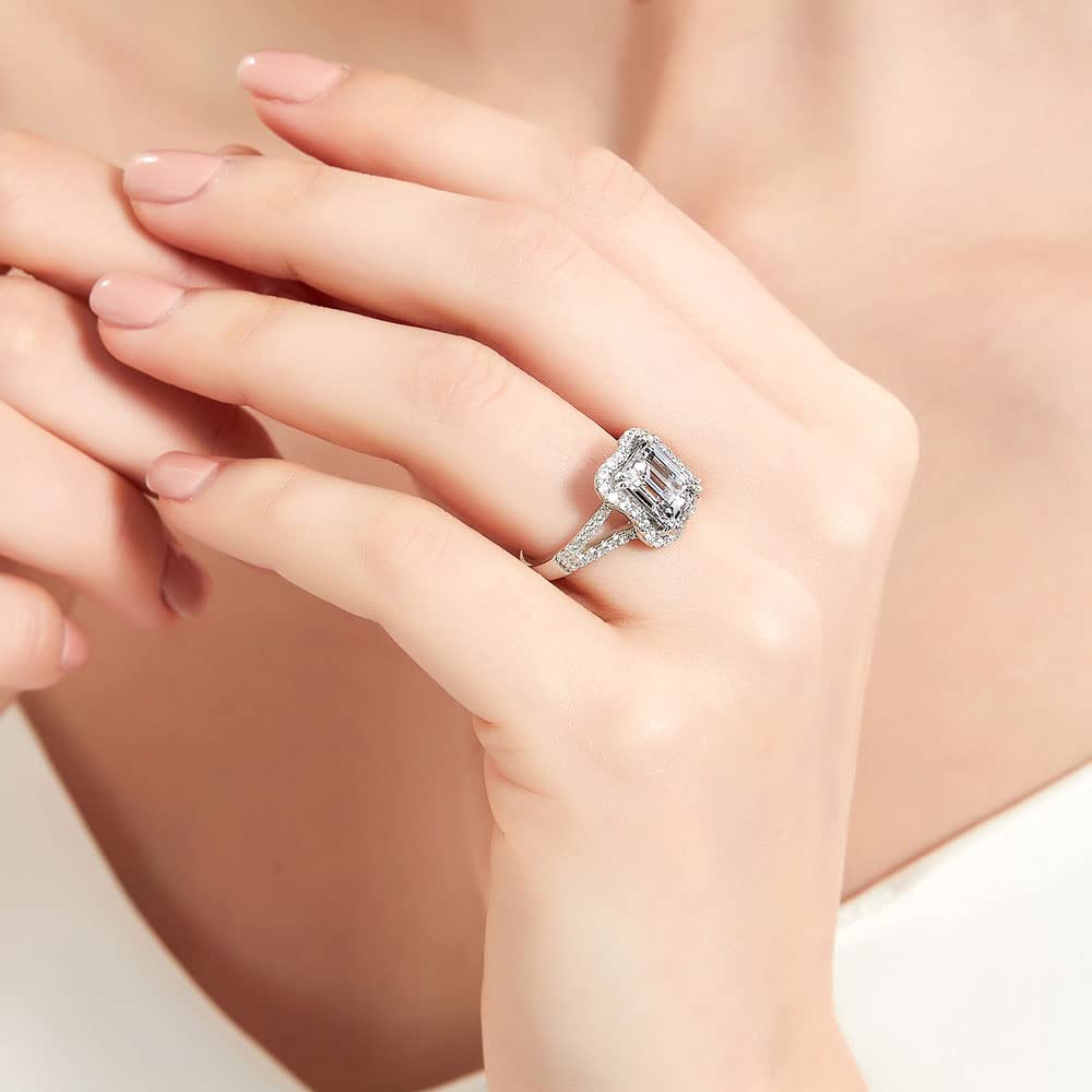 Sterling Silver Halo Wedding & Engagement Ring with Step Emerald Cut Cubic Zirconia for Women - Rhodium Plated Size 4-10 | Elegant Cocktail Ring for Anniversary, Proposal & Special Occasions
