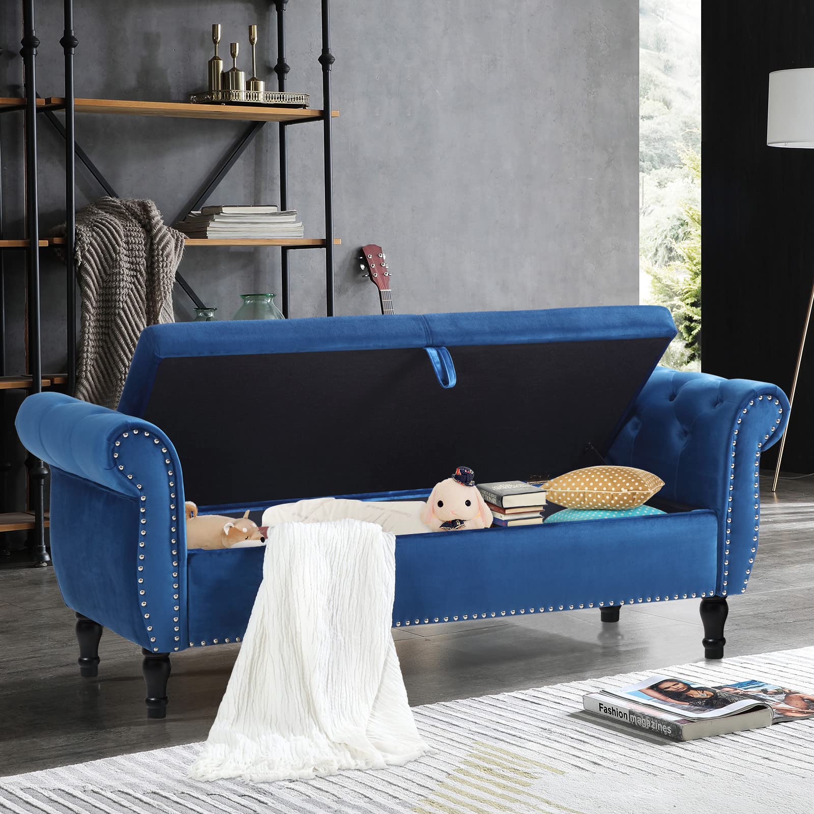 Mid Century Velvet Storage Ottoman Bench with Tufted Upholstery & Toss Pillow - Small Foot of Bed Bench for Bedroom, Entryway, Hallway & Living Room - Perfect for Extra Seating & Hidden Storage (Blue)