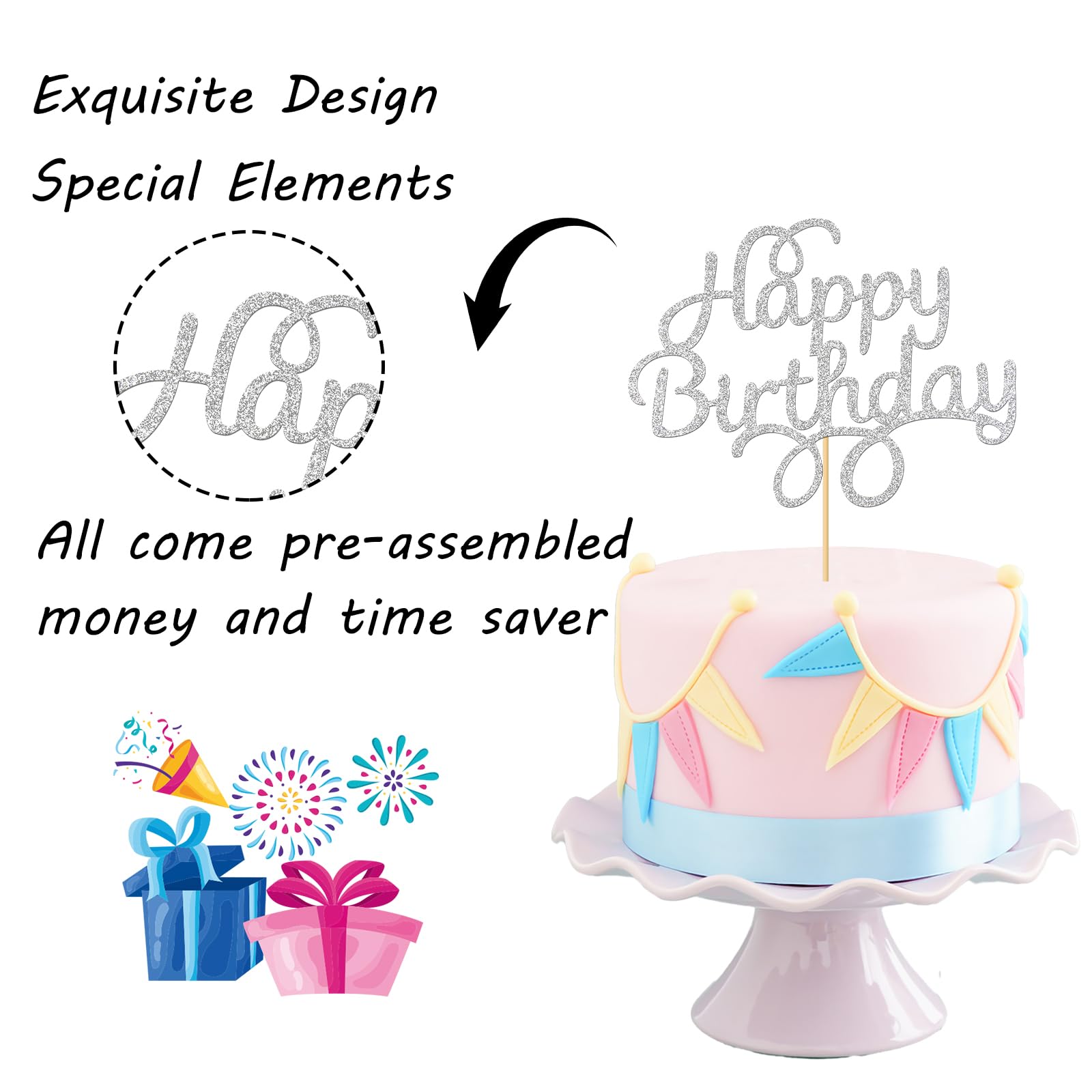 Silver Glitter Happy Birthday Cake Topper - Elegant Party Decor for Adults & Kids | Perfect for Birthday Cakes, Cupcakes & Dessert Tables