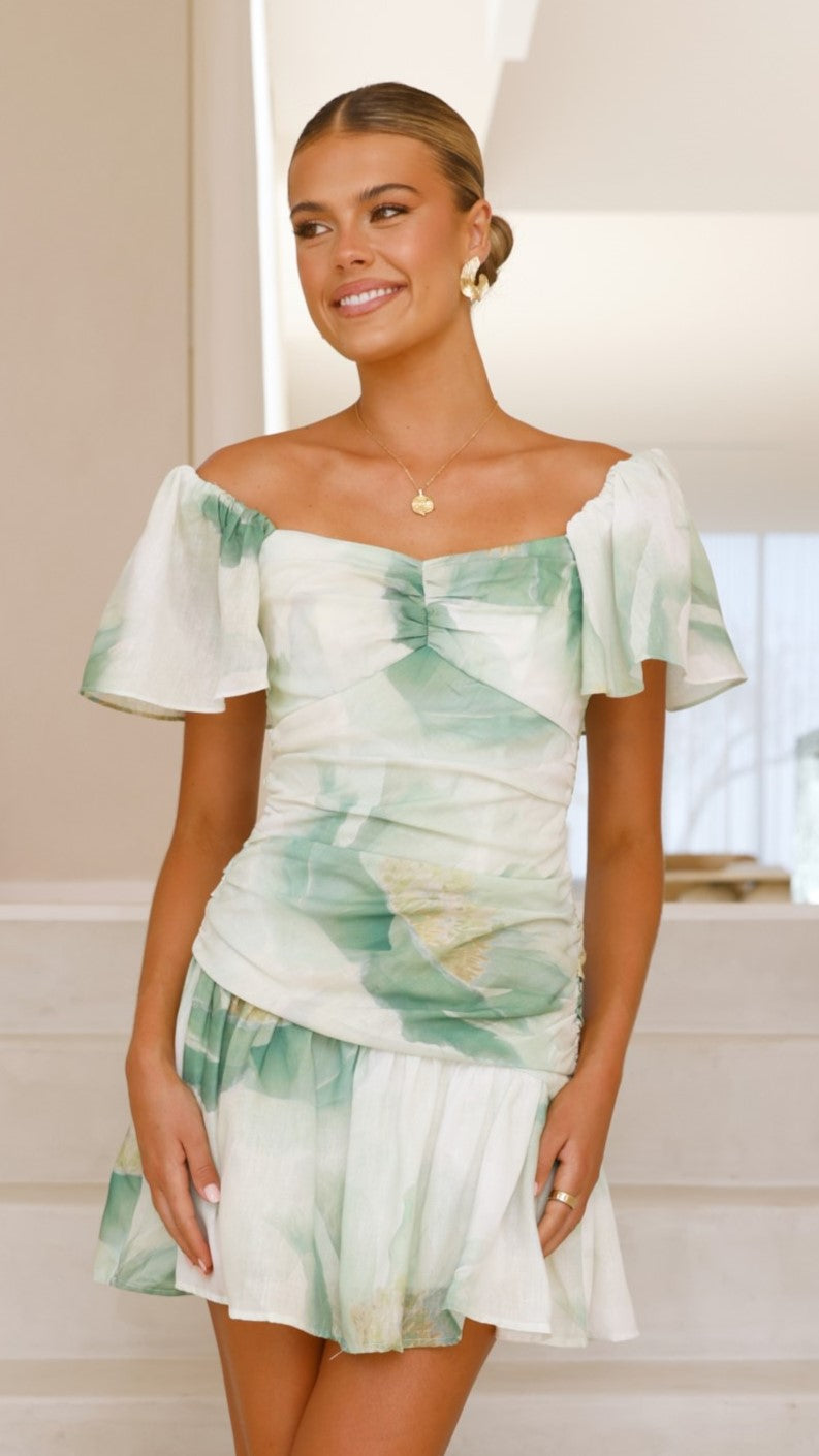 Laury Mini Dress - Green Floral Print Summer Dress for Women | Casual & Party Wear | Perfect for Beach, Vacation & Date Nights