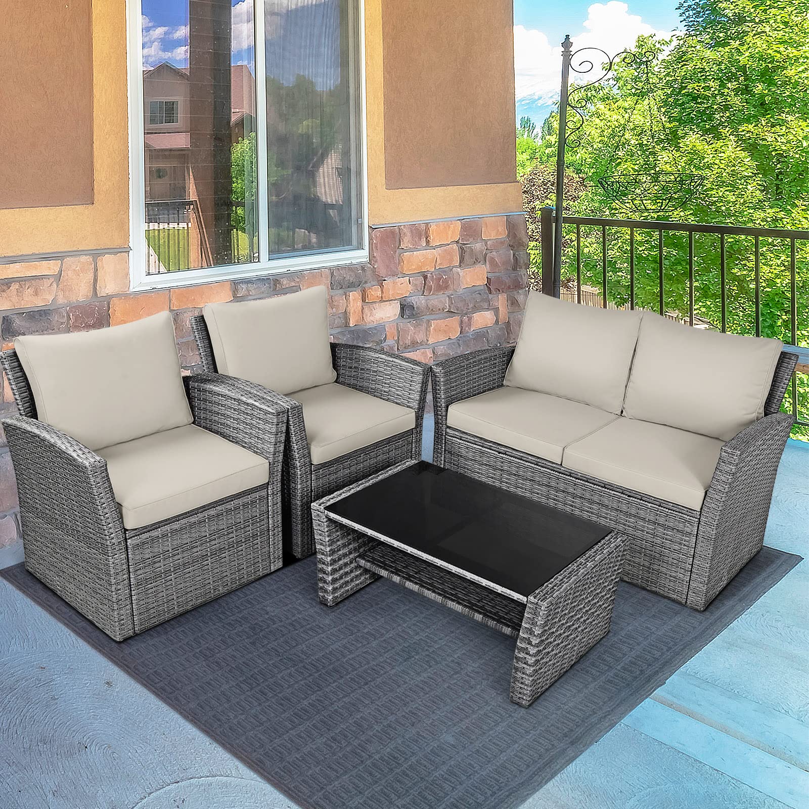 HAPPYGRILL 4-Piece Outdoor Patio Conversation Set with Cushions & Coffee Table - Rattan Wicker Sofa Sectional for Garden, Porch, Balcony, Poolside - Perfect for Relaxing & Entertaining Outdoors