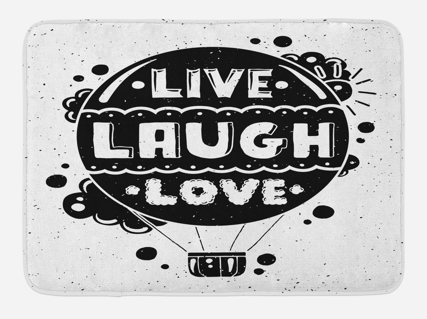 Ambesonne Live Laugh Love Bath Mat - Non-Slip Plush Bathroom Rug with Air Balloon Clouds Sun Design, 30x20 Inches, Black & White - Perfect for Modern Bathroom Decor and Cozy Home Style