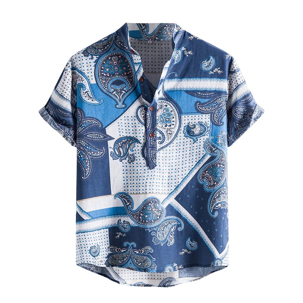 WSSBK Men's Hawaiian Shirt - Summer Ethnic Print Short Sleeve Casual Button-Up Cotton Shirt with Stand Collar (Blue, XL) | Beach Party, Vacation & Tropical Outfit