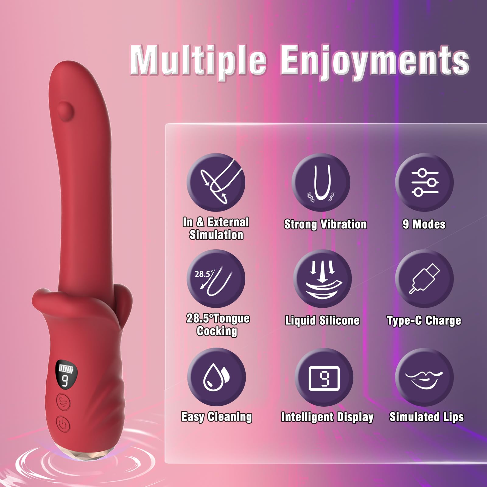 Realistic Tongue Vibrator Dildo - SHOO BAM Rose Sex Toy with 9 Vibrating Modes & LCD Display for Women & Couples - G Spot, Clitoral, Anal & Nipple Stimulator | Perfect for Solo Play, Couples Intimacy & Sensual Exploration