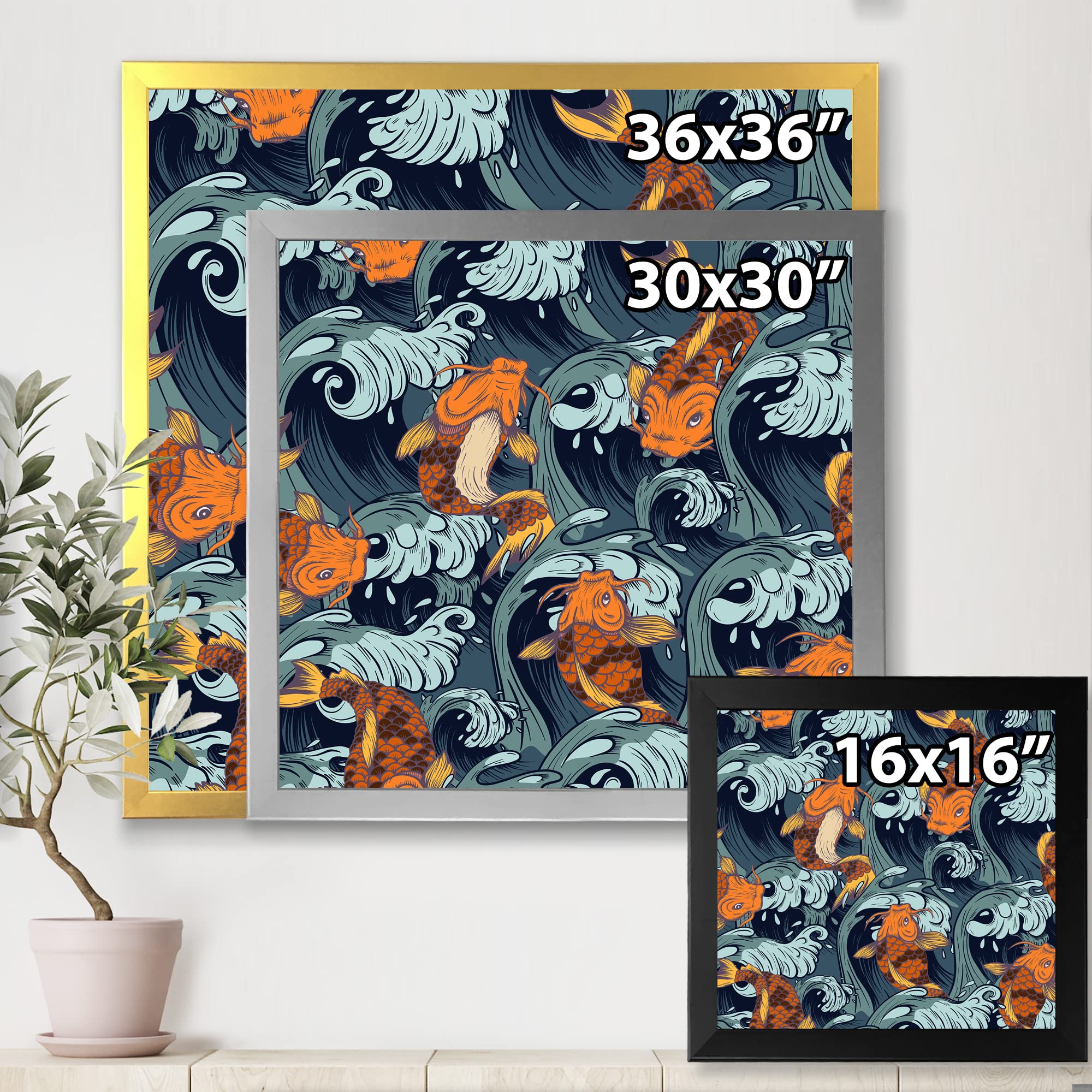 DesignQ Japanese Koi Fish Framed Wall Art - Coastal & Nautical Home Decor for Living Room, Bedroom, Office | Perfect Zen Decor for Asian Inspired Interiors