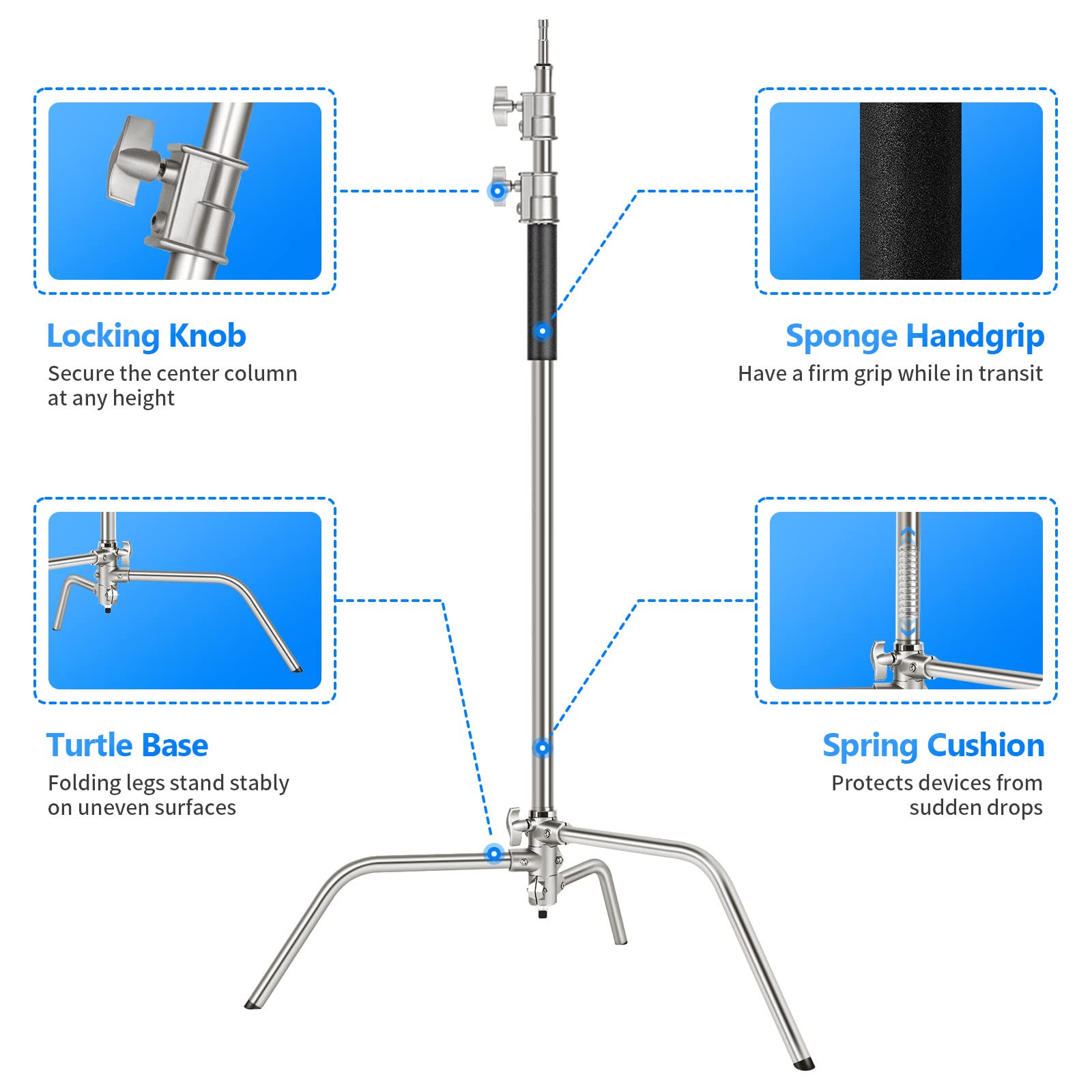 NEEWER Pro 100% Stainless Steel Heavy Duty C Stand with Boom Arm - 10.5ft Max Height Photography Light Stand, 4.2ft Holding Arm & 2 Grip Heads - Perfect for Studio Monolight, Softbox, Reflector - Ideal for Photography, Videography, and Film Production