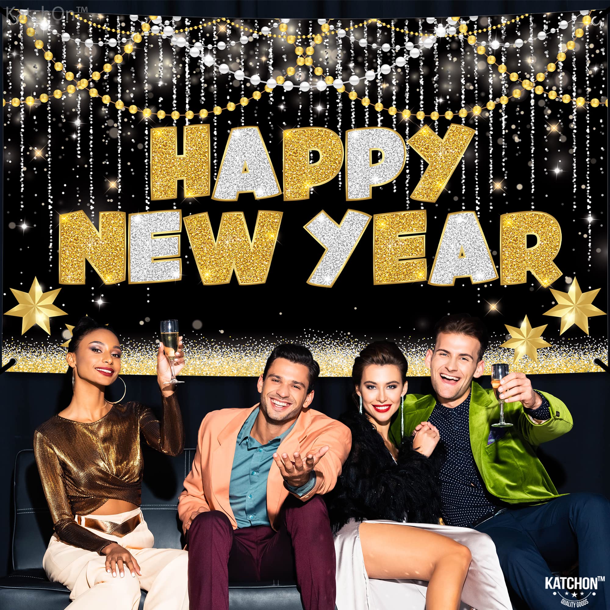 KatchOn Large Happy New Year Banner 72x44 Inch - 2025 New Year Decorations | NYE Party Backdrop & Supplies for New Year's Eve Celebrations | Perfect for Home, Office & Event Decor