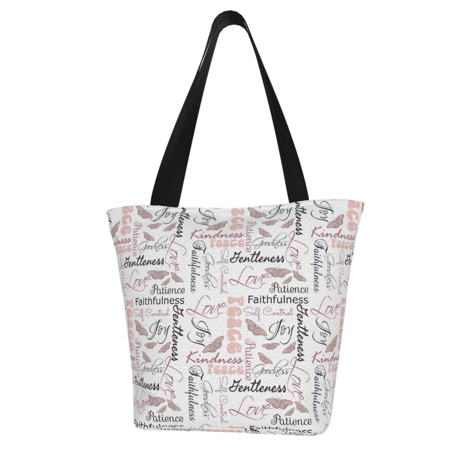 Fruit of The Spirit Butterflies Extra Large Canvas Tote Bag - Christian Reusable Grocery Shopping Bag, Beach Travel & Market Storage Handbag for Women | Bible Verse Gift, Church Outing & Daily Errands